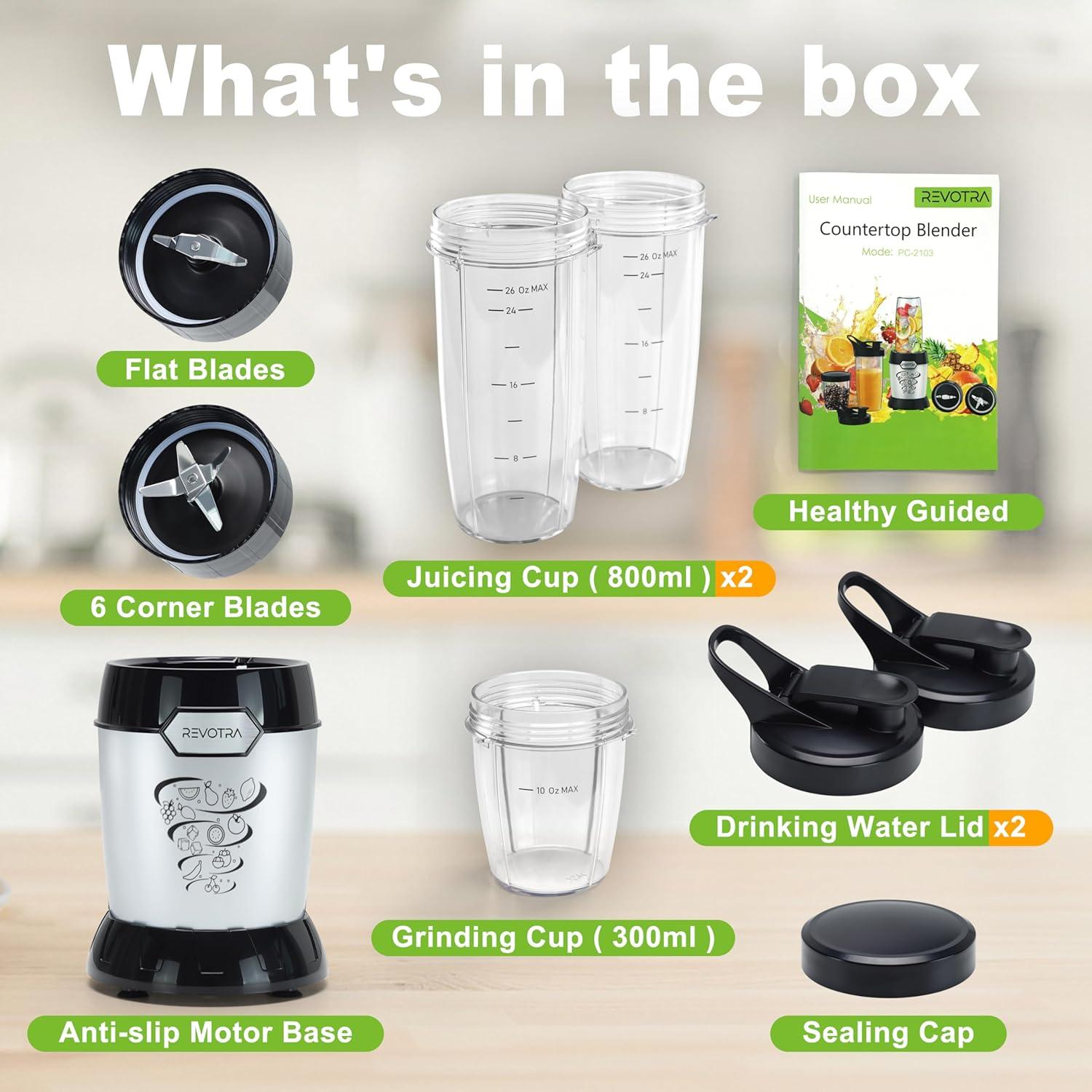 Batidora Personal REVOTRA 1200W con 3 Tazas 800ml y 300ml