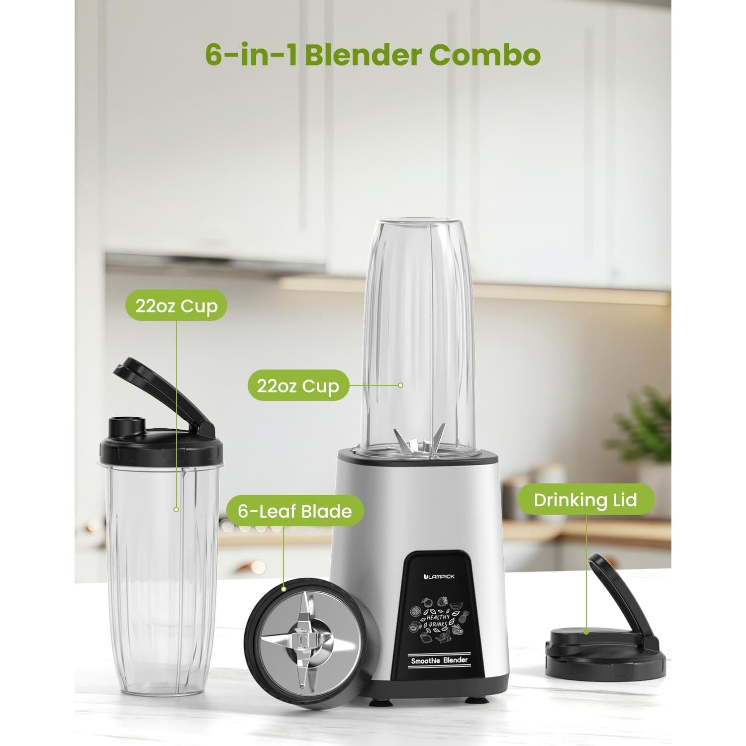 Batidora Personal LAMPICK 900W con 2 Tazas 650ml Sin BPA