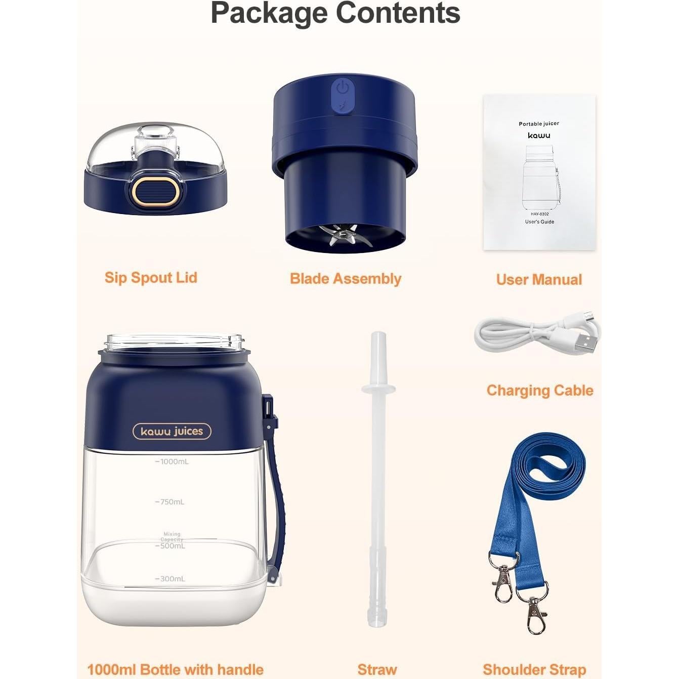 Licuadora Portátil Kawu 1.3L Recargable USB-C Sin BPA