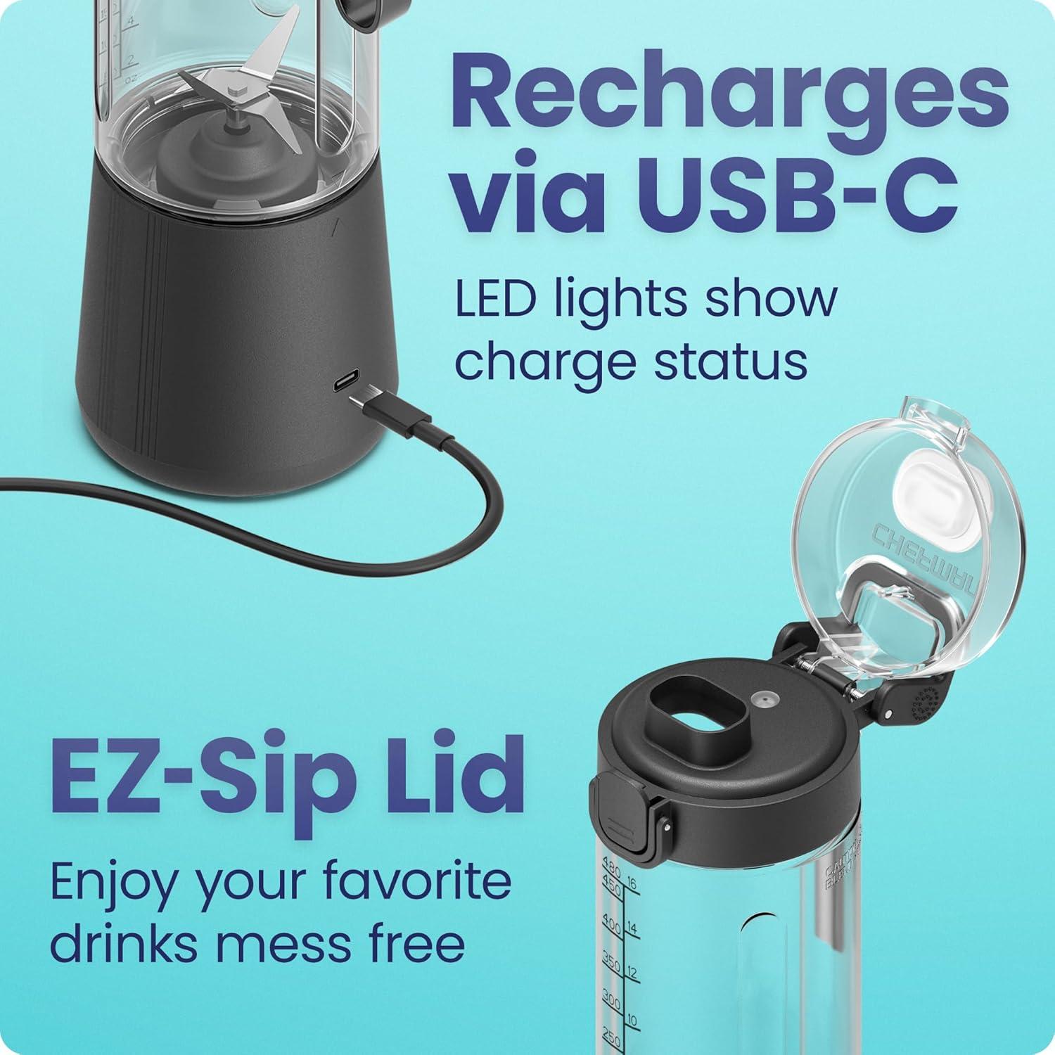 Licuadora Portátil Chefman RJ28-R 16 oz Recargable USB-C - Negro