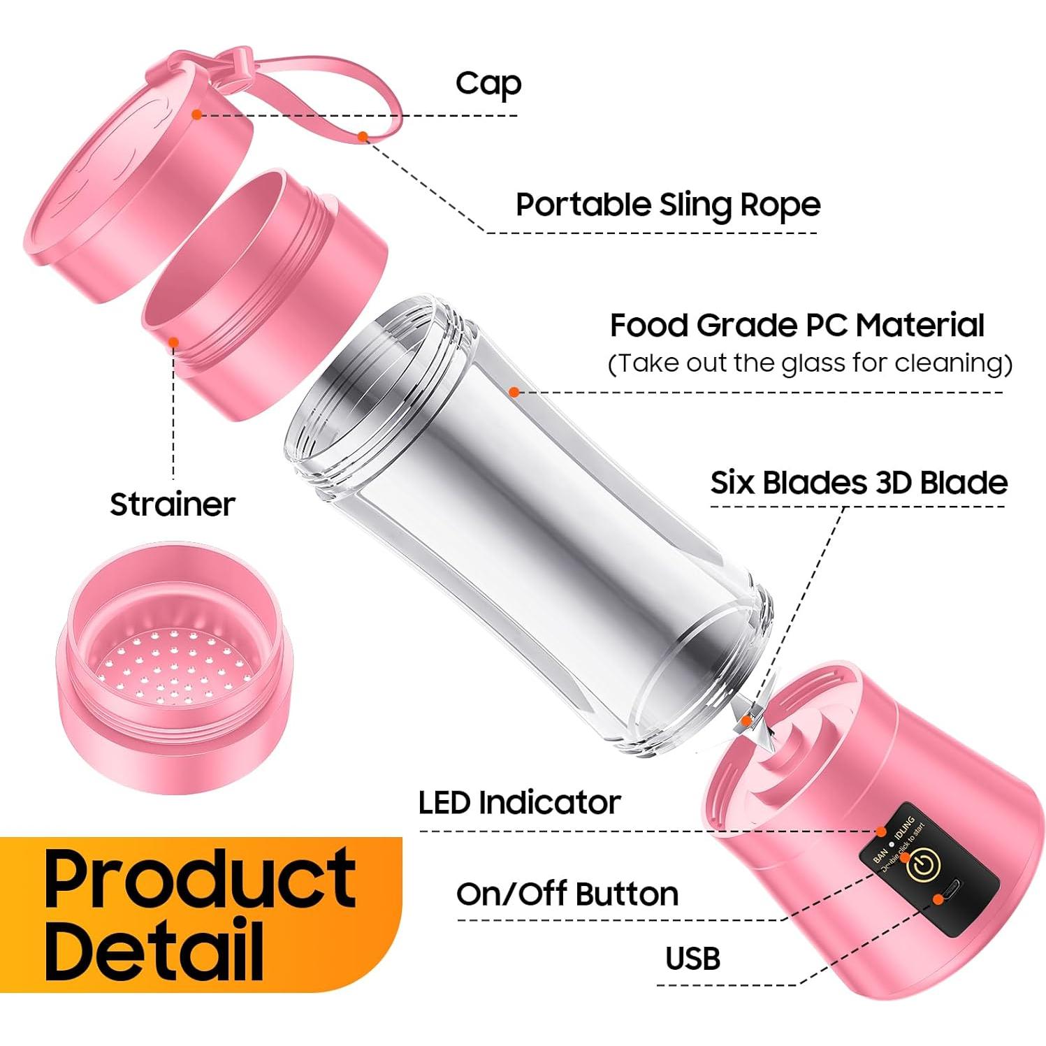 Licuadora Portátil YFIXQNSU Rosa 380ml 6 Cuchillas Inoxidable