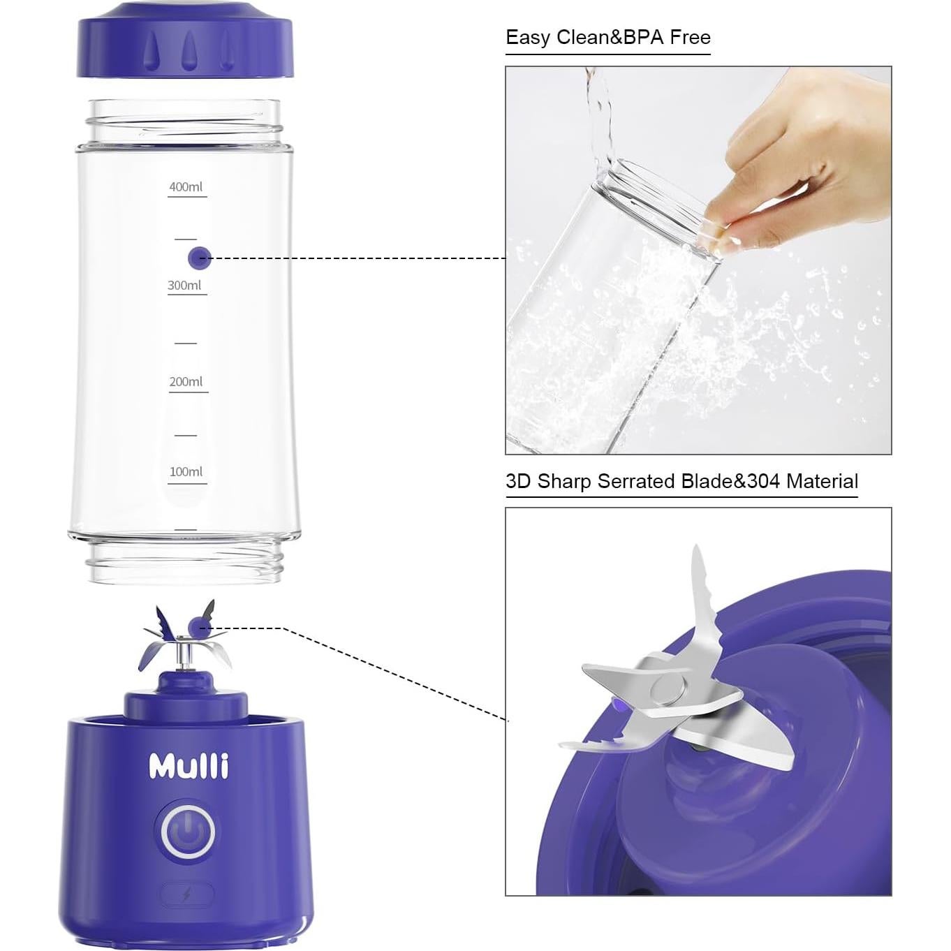 Licuadora Portátil Mulli 0.41L Recargable USB 6 Cuchillas