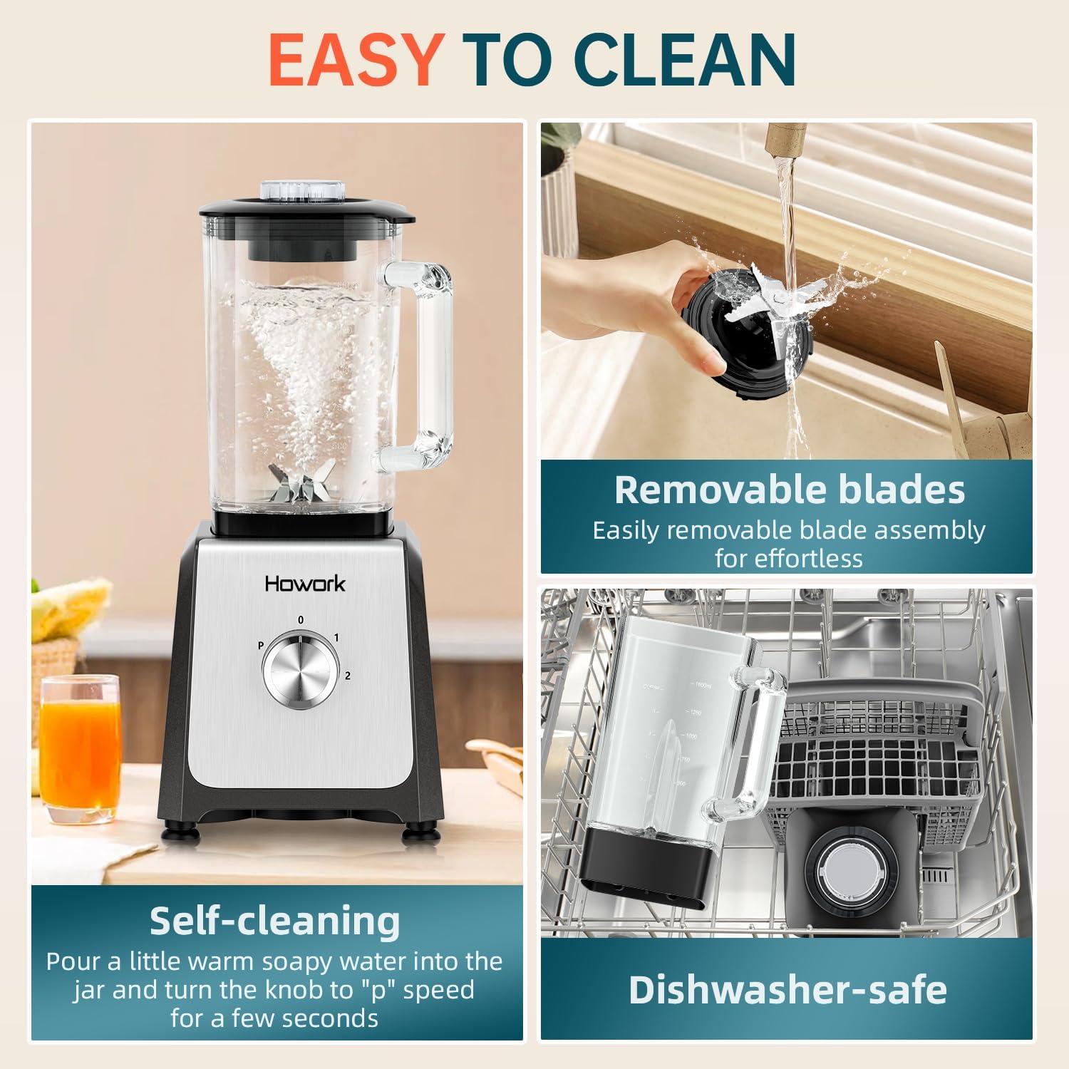 Licuadora HOWORK 750W Tarro Vidrio 1.6L 2 Velocidades Gris