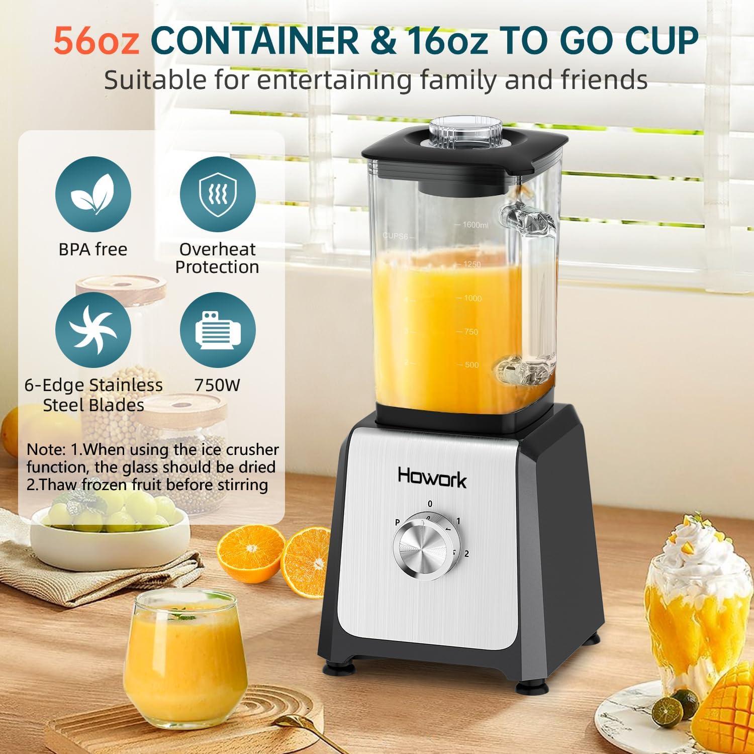 Licuadora HOWORK 750W Tarro Vidrio 1.6L 2 Velocidades Gris