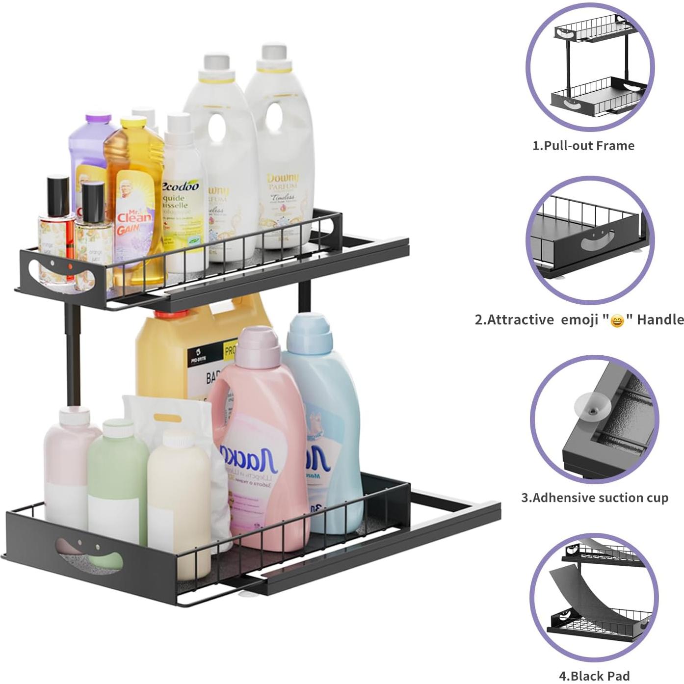 Organizador Bajo Fregadero JAQ, Estante Deslizante 2 Niveles Negro