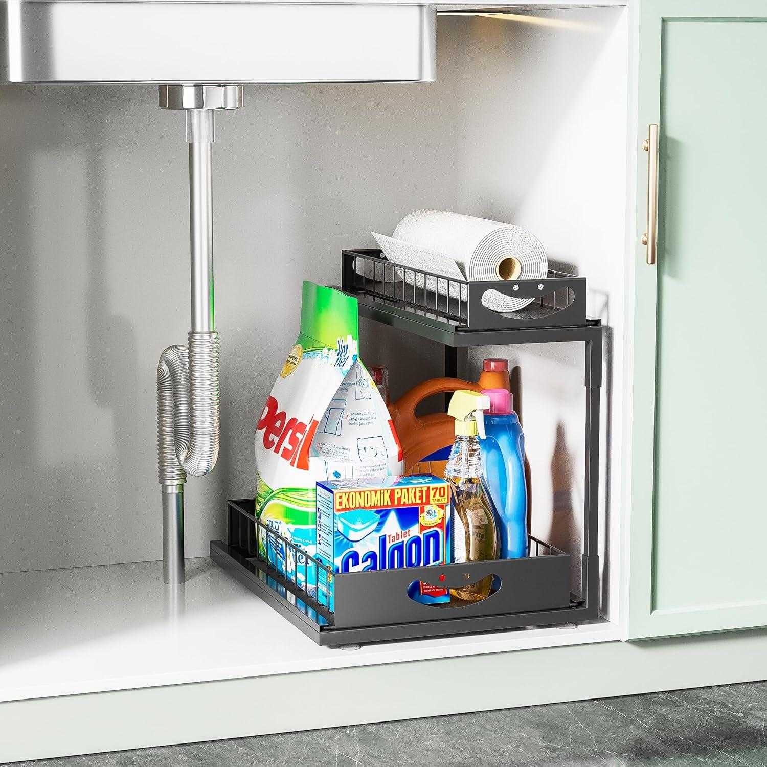 Organizador Bajo Fregadero JAQ, Estante Deslizante 2 Niveles Negro