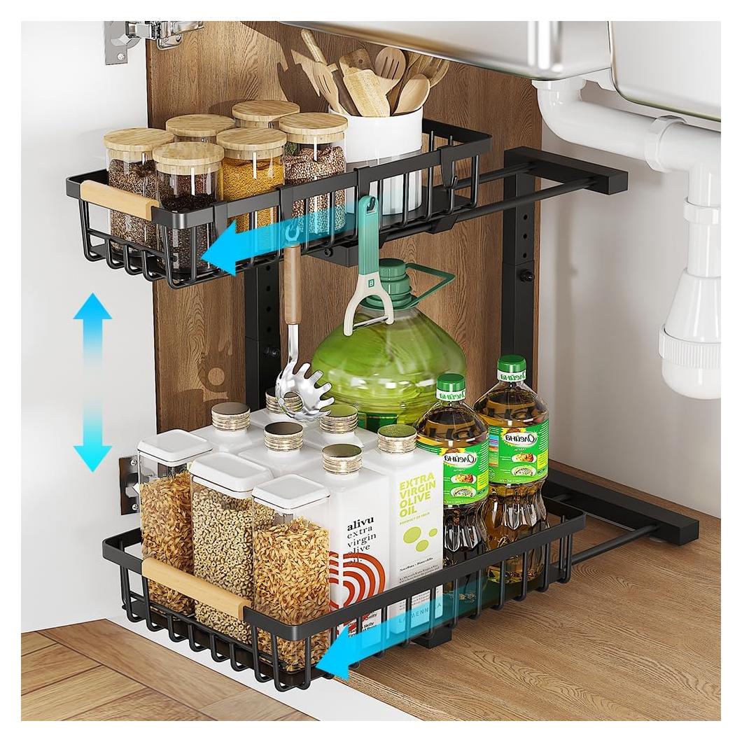 Organizador Bajo Fregadero XNREOZLM 2 Niveles Ajustable Negro