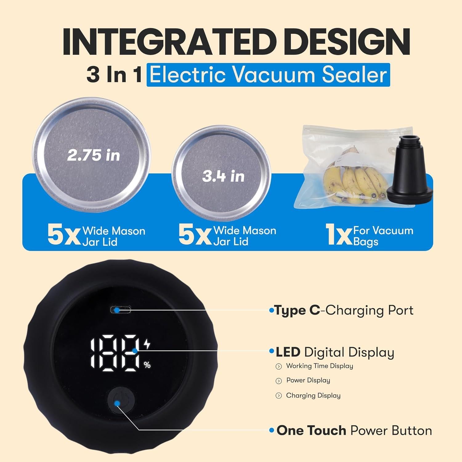 Sellador al Vacío Eléctrico Viona 3 en 1 para Tarros y Bolsas