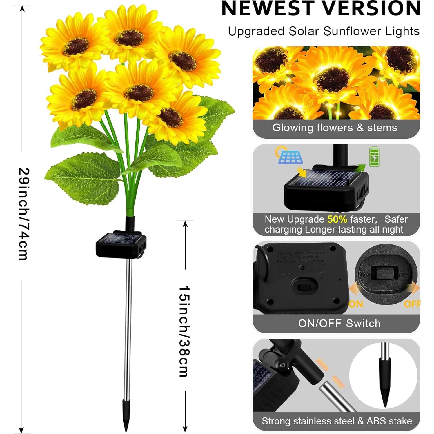 Luces Solares Decorativas EDOF para Jardín - Paquete de 4 Girasoles