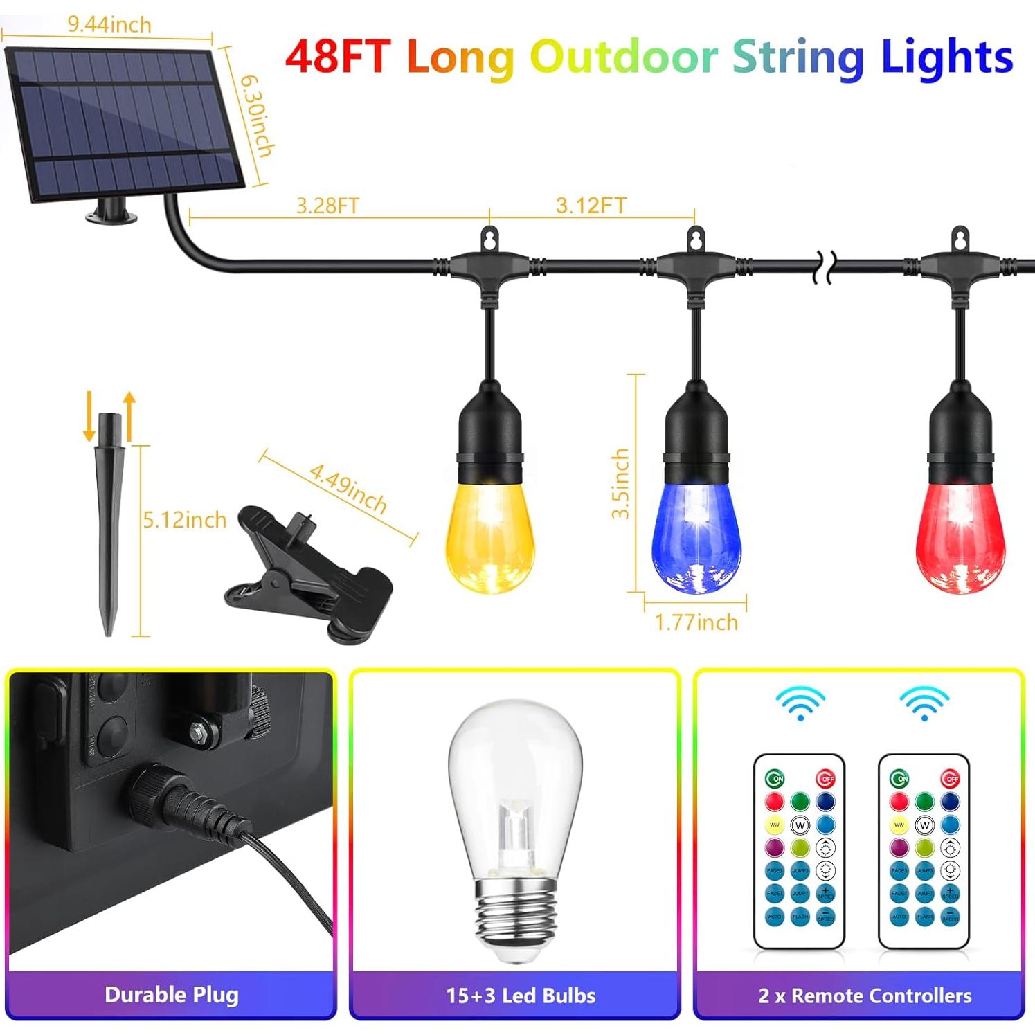 Luces de Cadena Solares RGB WENFENG 48FT 15 Bombillas LED