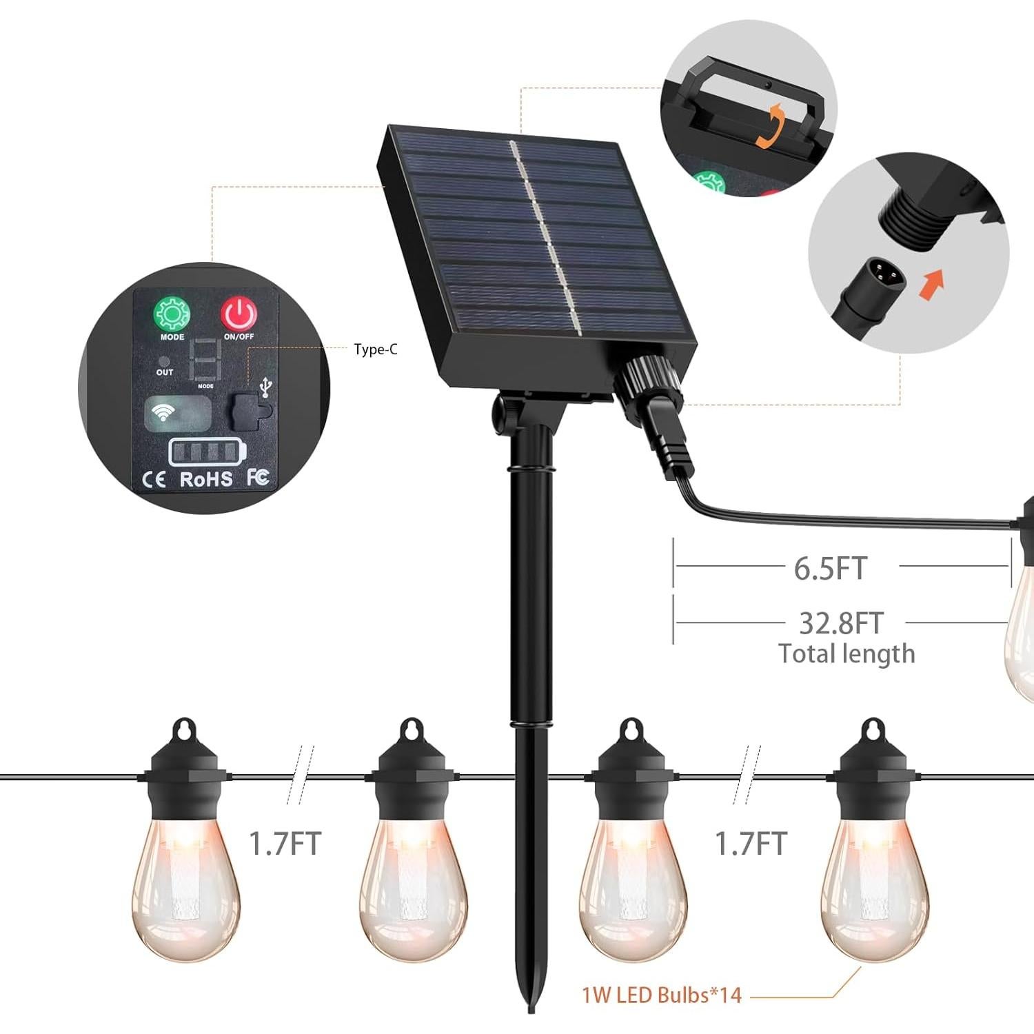 Luces de Cadena LED Solares xitubal 11.28m 15 Bombillas IP65