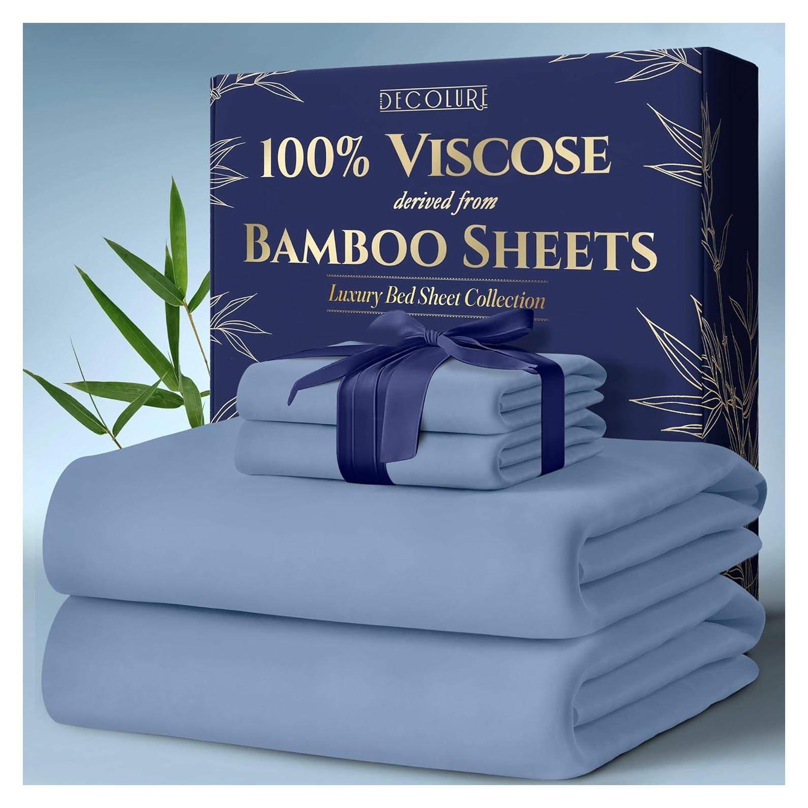 Sábanas Queen DECOLURE 100% Viscosa de Bambú 4 Piezas Azul Claro