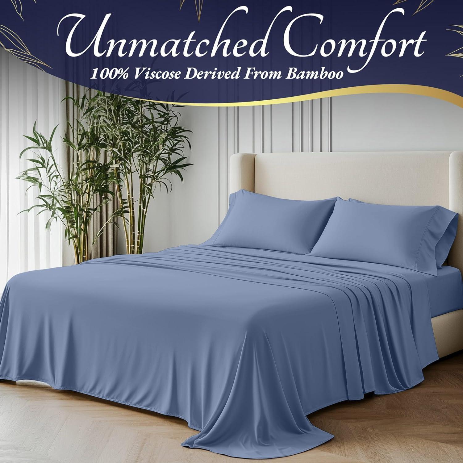 Sábanas Queen DECOLURE 100% Viscosa de Bambú 4 Piezas Azul Claro