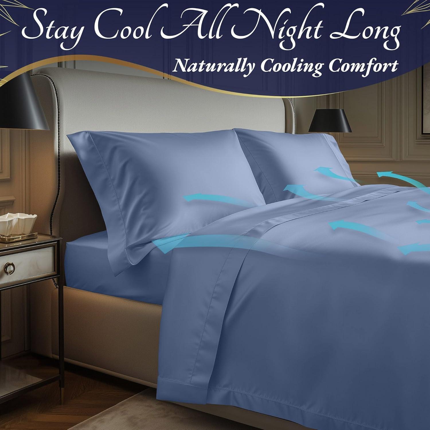 Sábanas Queen DECOLURE 100% Viscosa de Bambú 4 Piezas Azul Claro