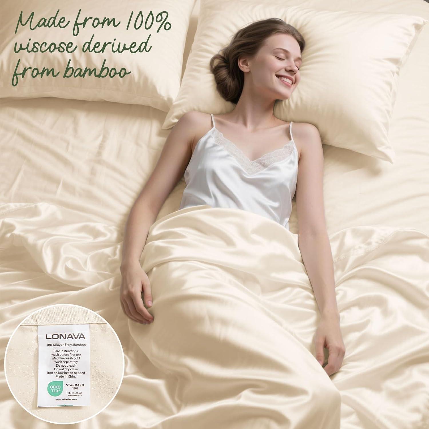 Juego de Sábanas Reina LONAVA 100% Viscosa de Bambú Beige 4 Piezas