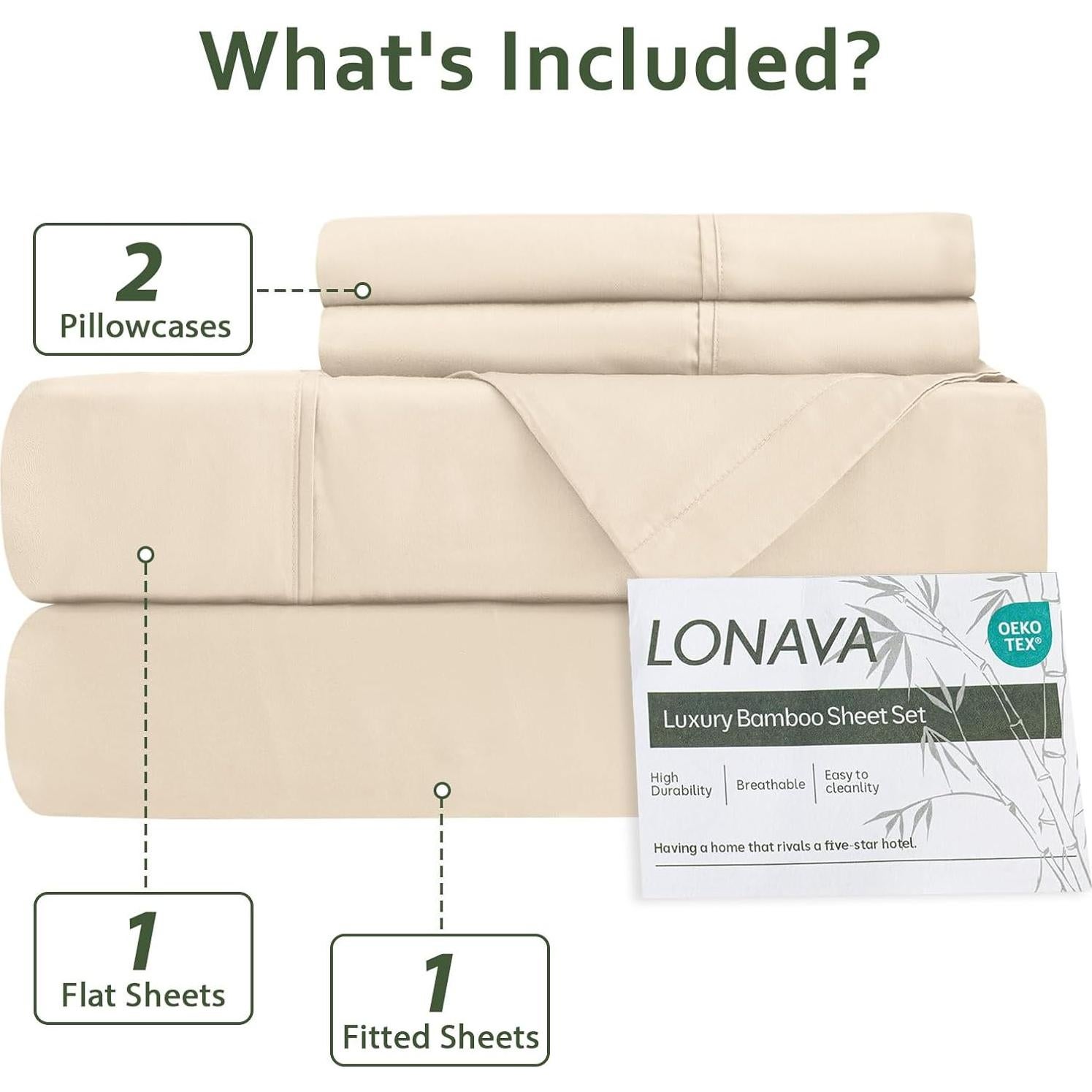 Juego de Sábanas Reina LONAVA 100% Viscosa de Bambú Beige 4 Piezas