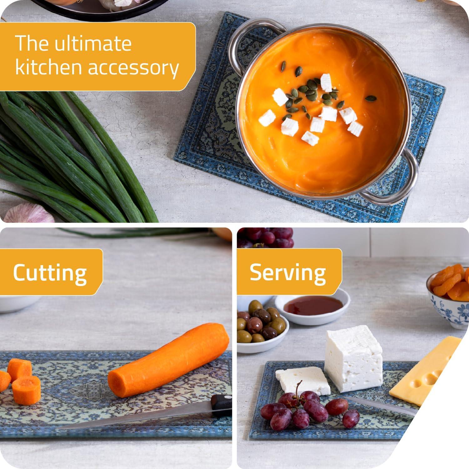 PELEG DESIGN Tempered Glass Cutting Board, 7.4" x 11" – Decorative Glass Cutting Board for Kitchen Counter, Heat & Shatter Resistant Chopping Board & Serving Tray, Magic Carpet Design (Rugboard)