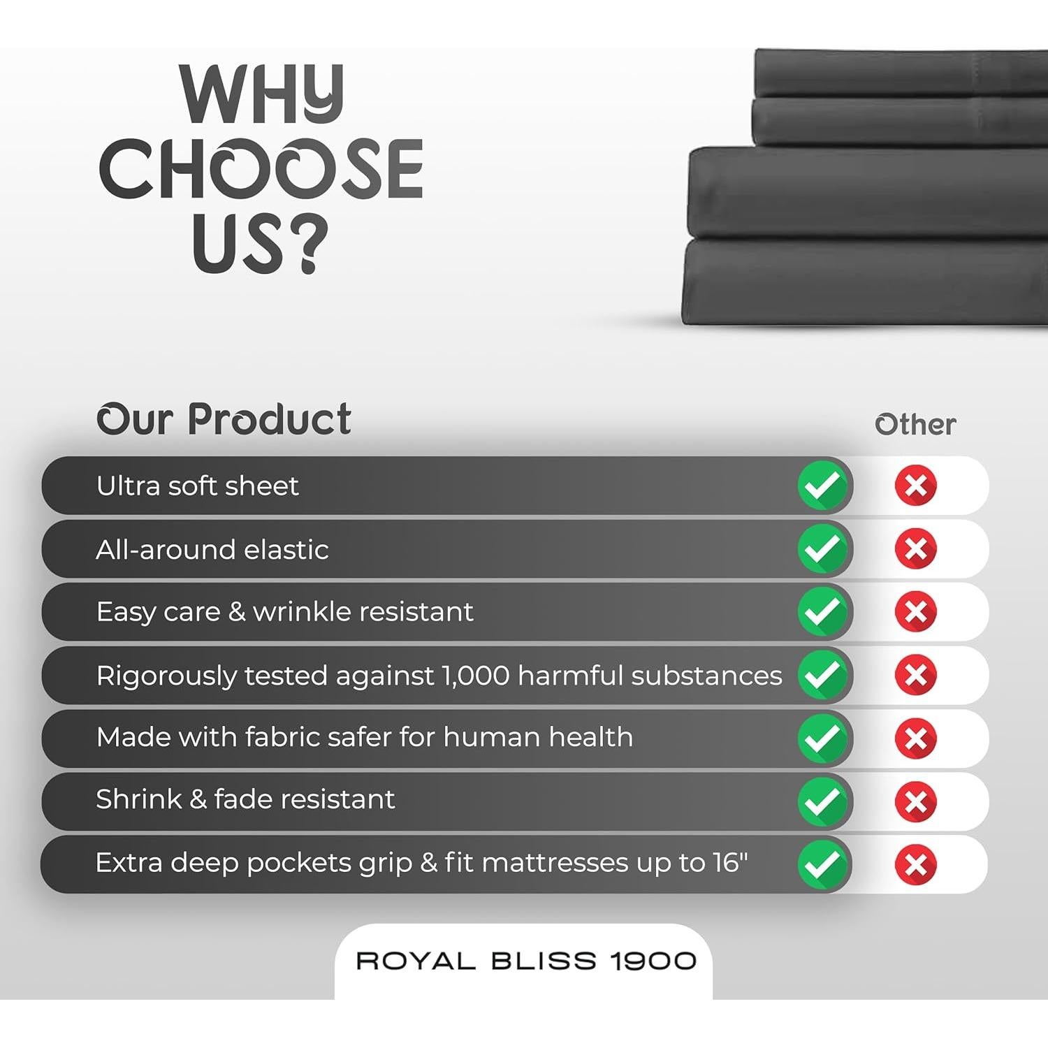 Juego de Sábanas Top Split King Royal Bliss 1900 Algodón Egipcio Gris