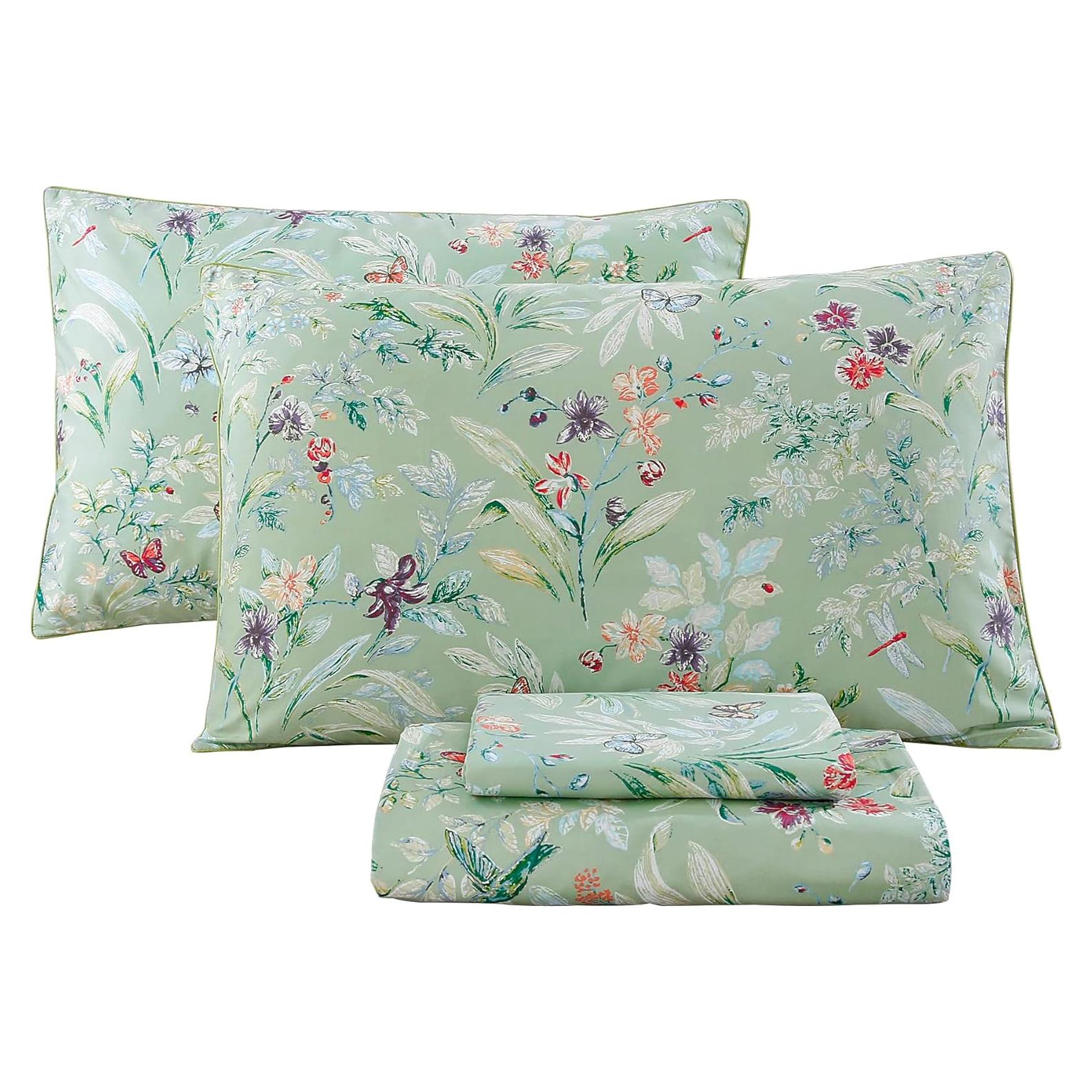 Juego de Sábanas King URBONUR Floral Verde 4 Piezas Algodón