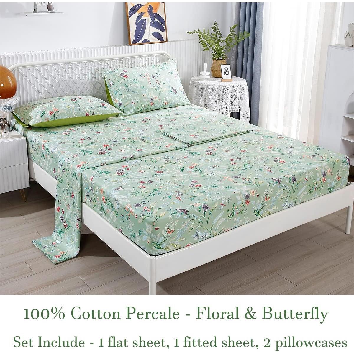 Juego de Sábanas King URBONUR Floral Verde 4 Piezas Algodón