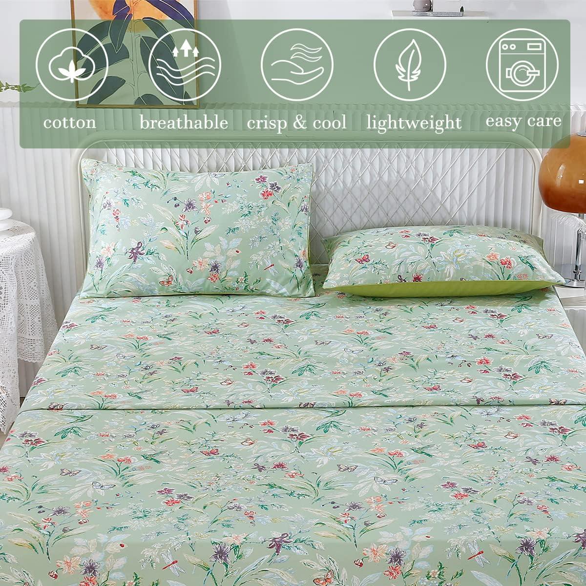 Juego de Sábanas King URBONUR Floral Verde 4 Piezas Algodón