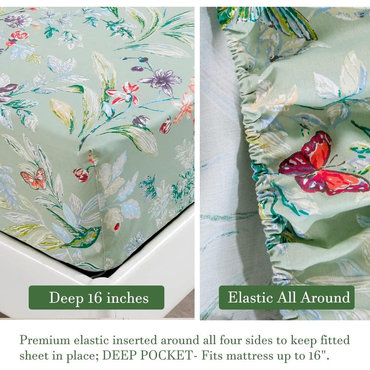 Juego de Sábanas King URBONUR Floral Verde 4 Piezas Algodón