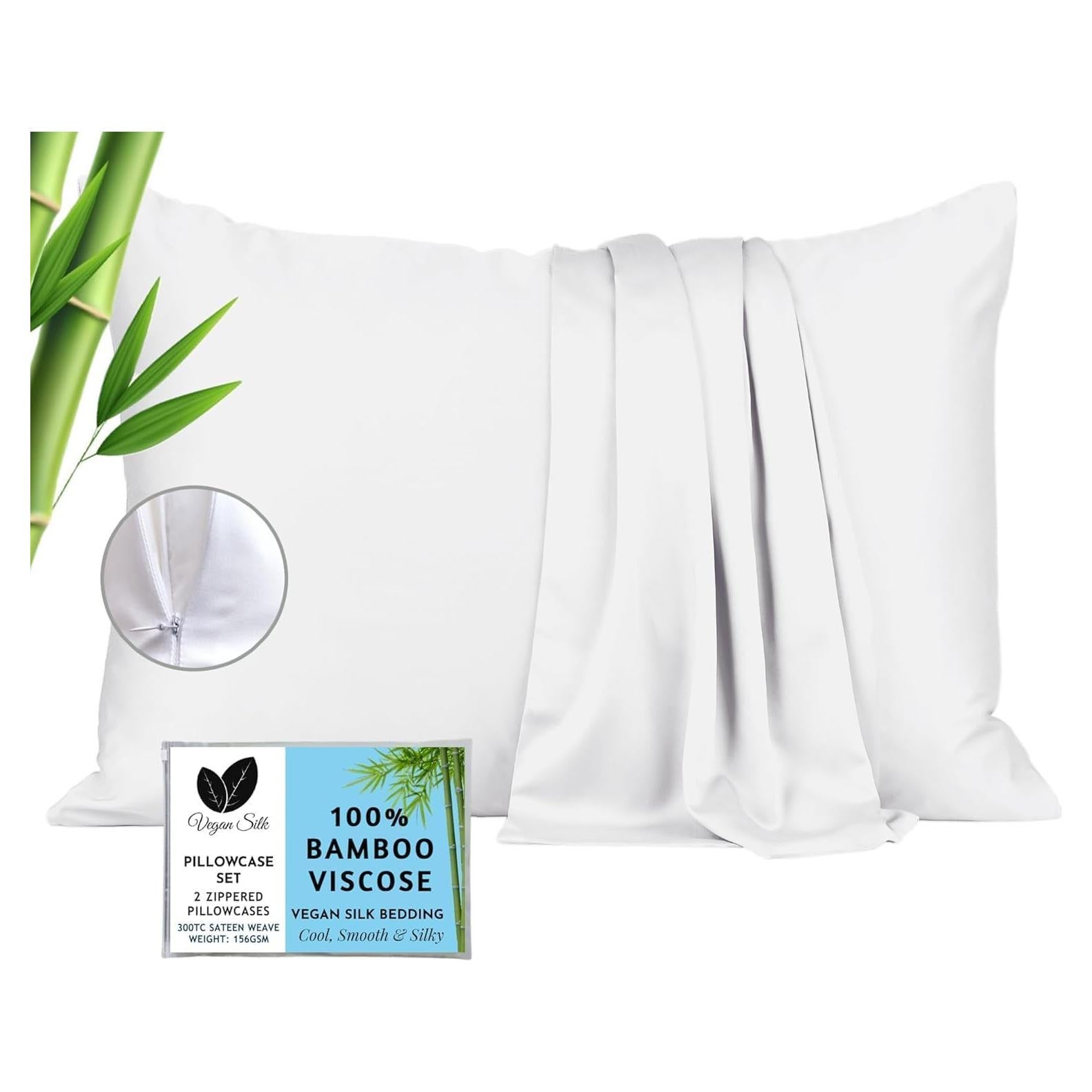 Fundas de Almohada Queen Vegan Silk - 100% Viscosa de Bambú - Juego de 2 Refrigerantes con Cremallera