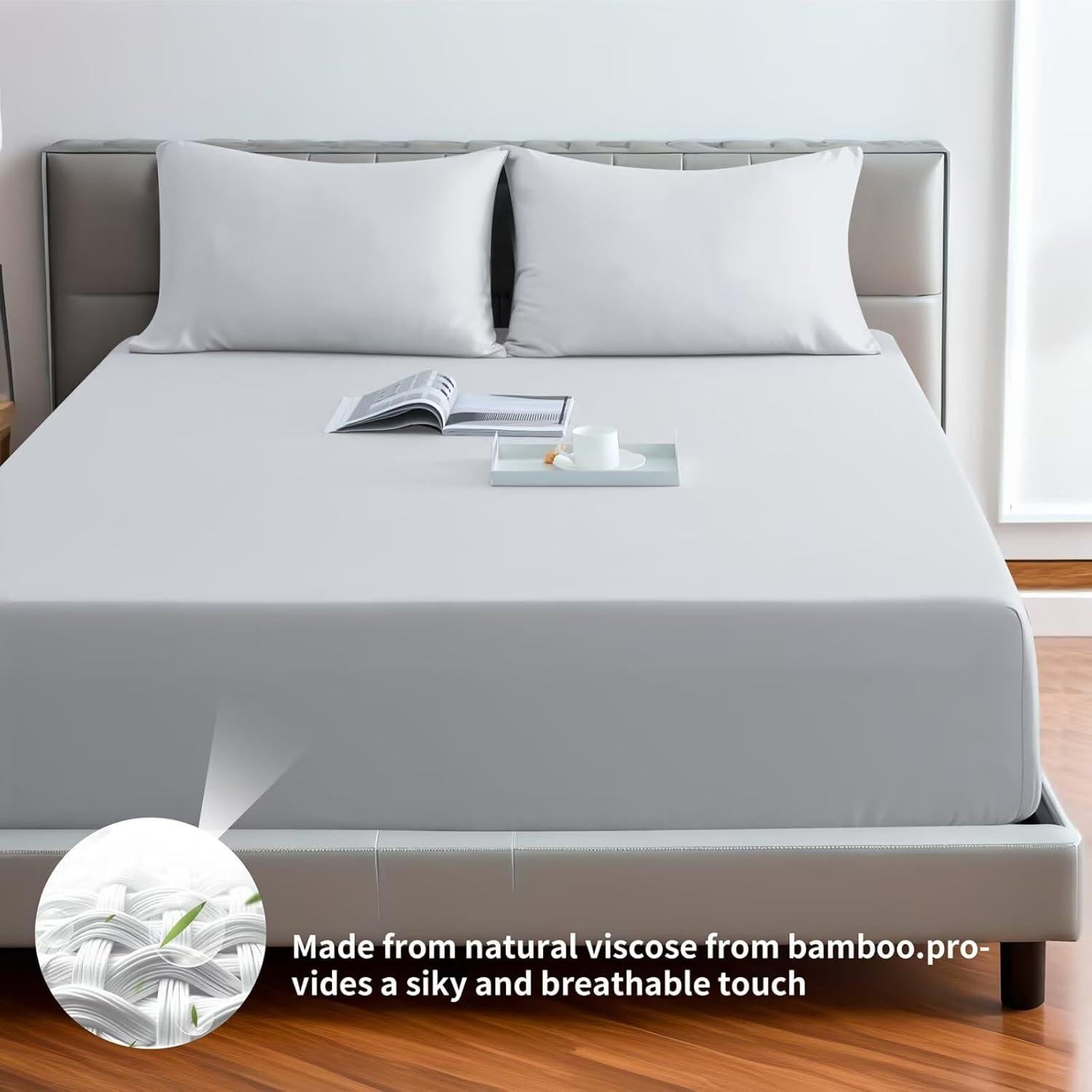 Sábana Ajustable Queen Shunjie.Home Viscosa Bambú 400 Hilos Gris