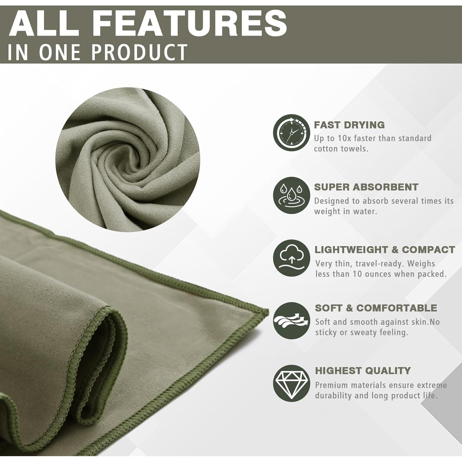 Toalla de Camping Vnoss 3 Tamaños Microfibra Verde Militar