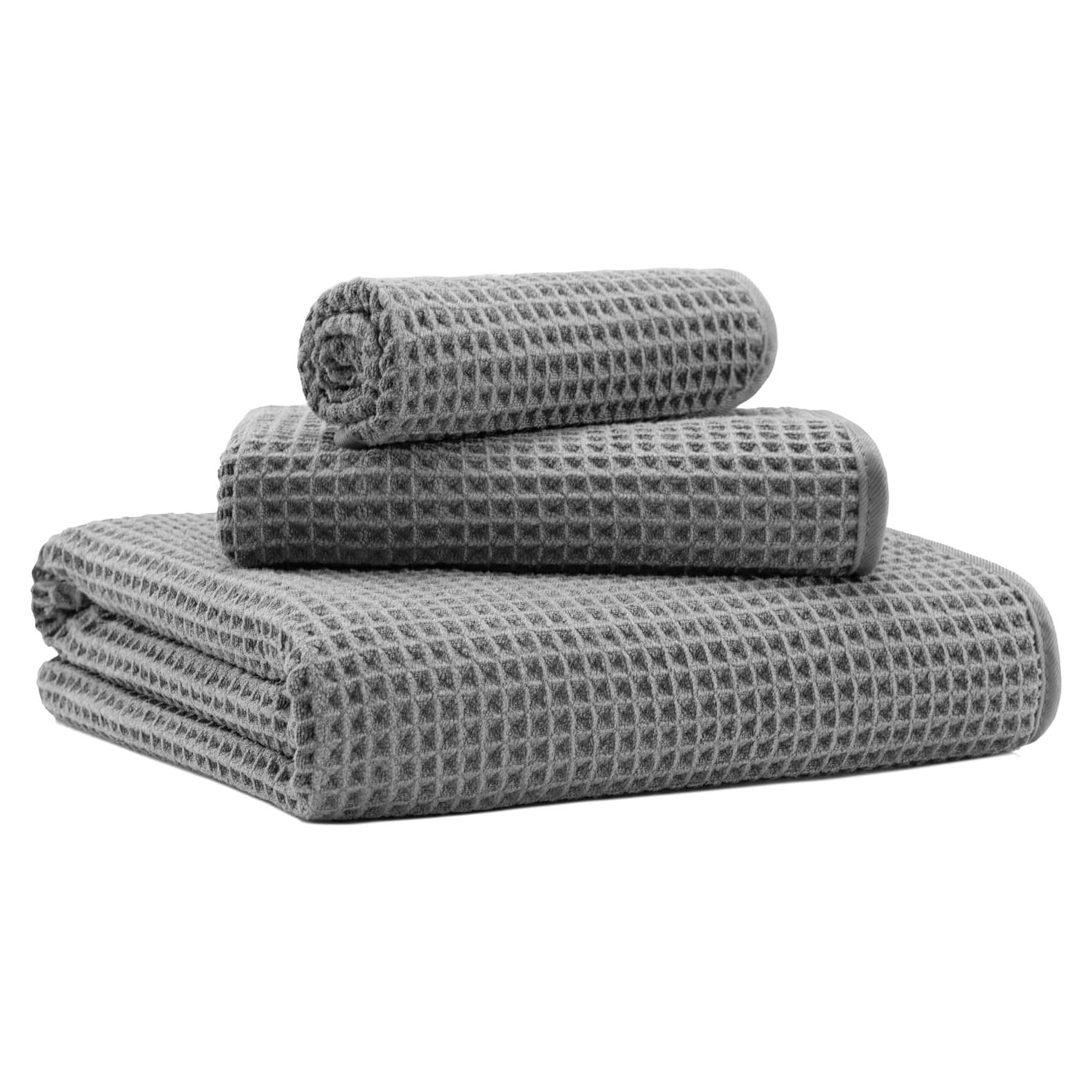 Conjunto de Toallas de Baño Microfibra Gris 3 Piezas Waffle
