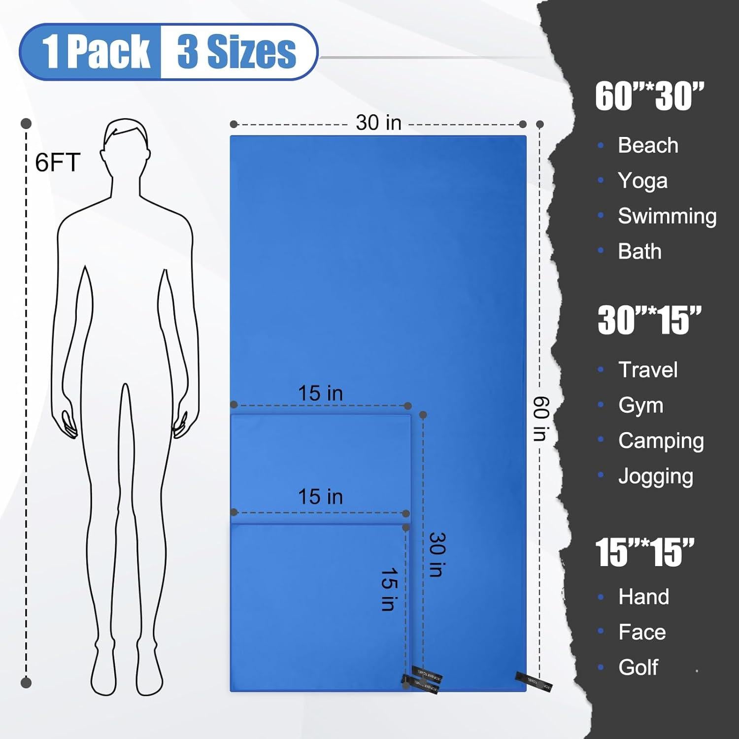 Toalla de Secado Rápido Haoteey 3 Tamaños Microfibra Azul