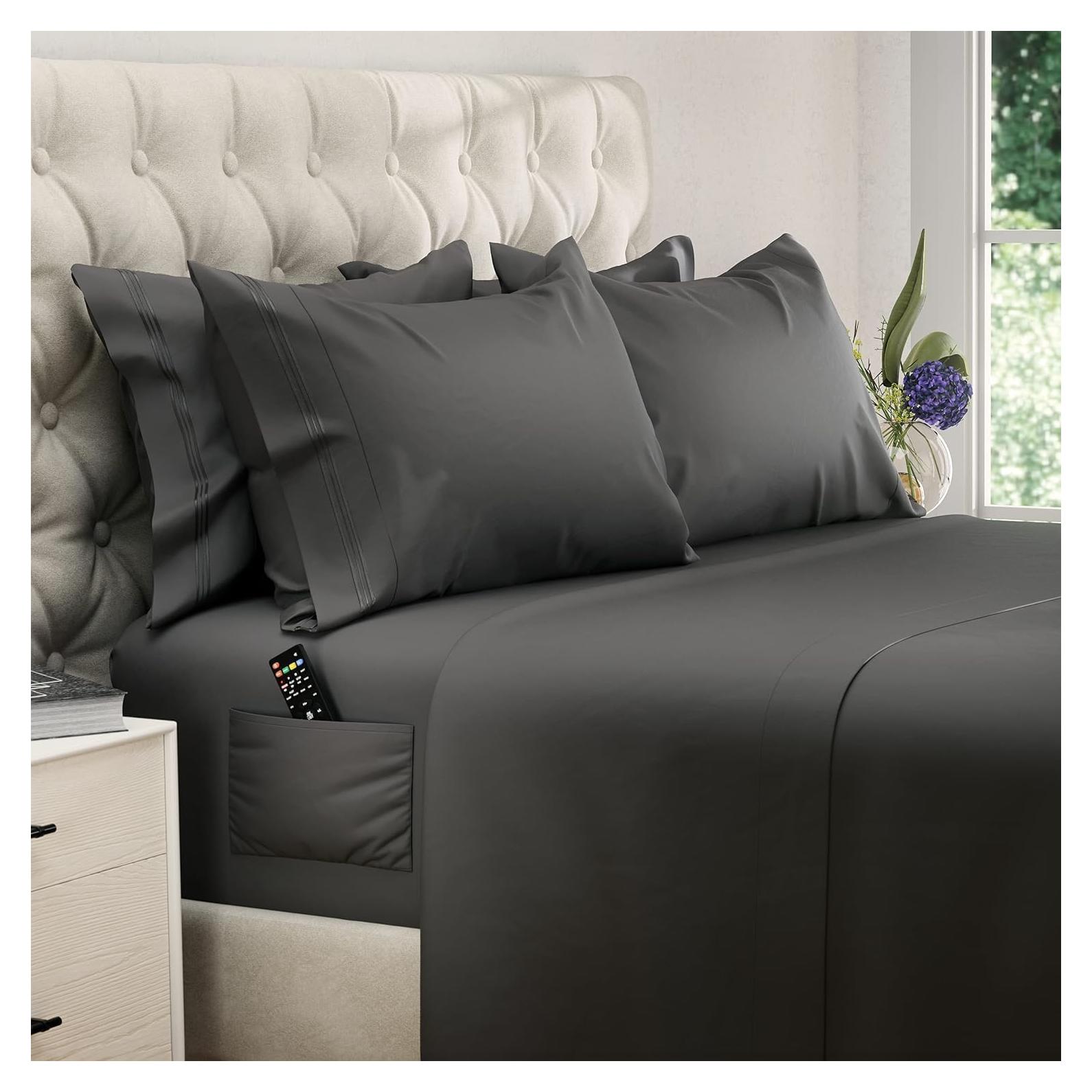 Juego de Sábanas King Size DREAMCARE 6 Piezas Microfibra Gris