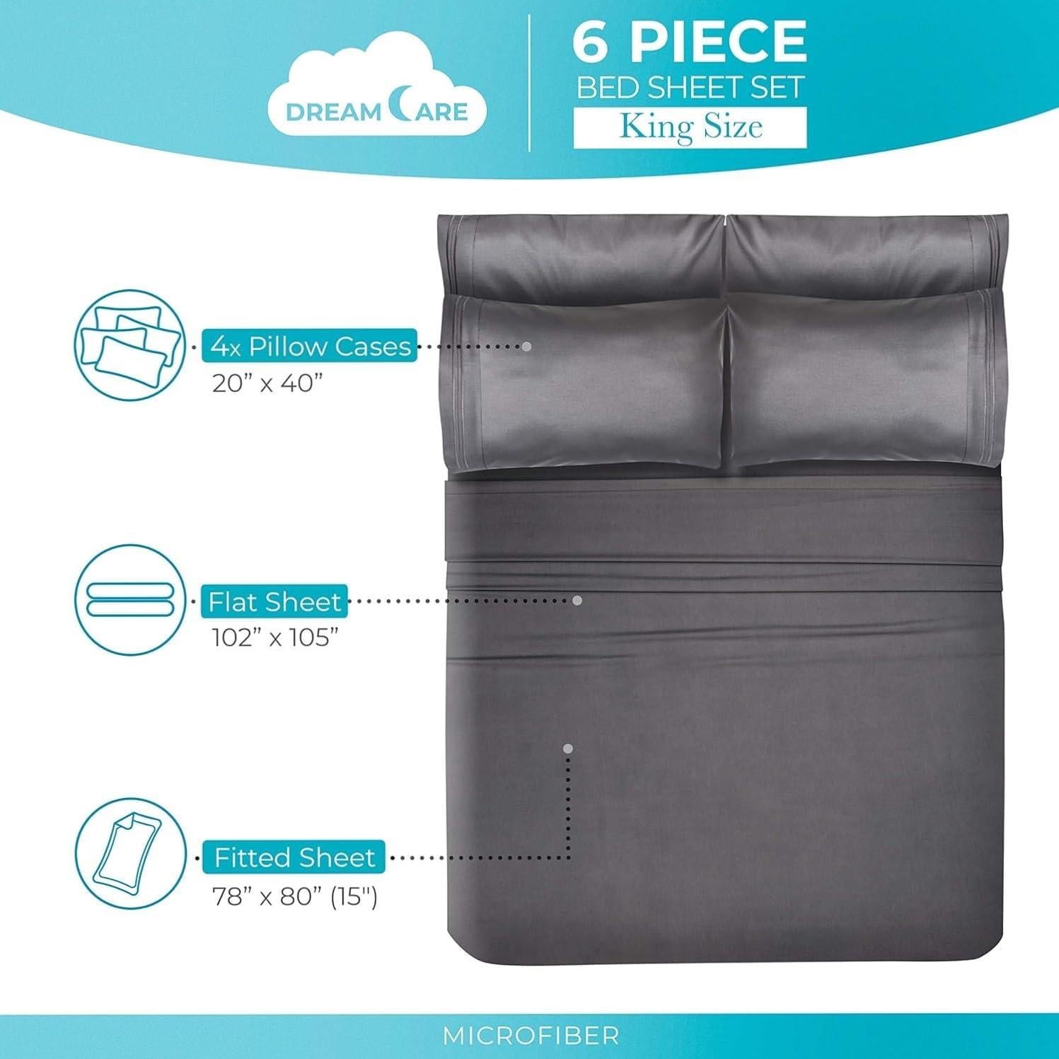 Juego de Sábanas King Size DREAMCARE 6 Piezas Microfibra Gris