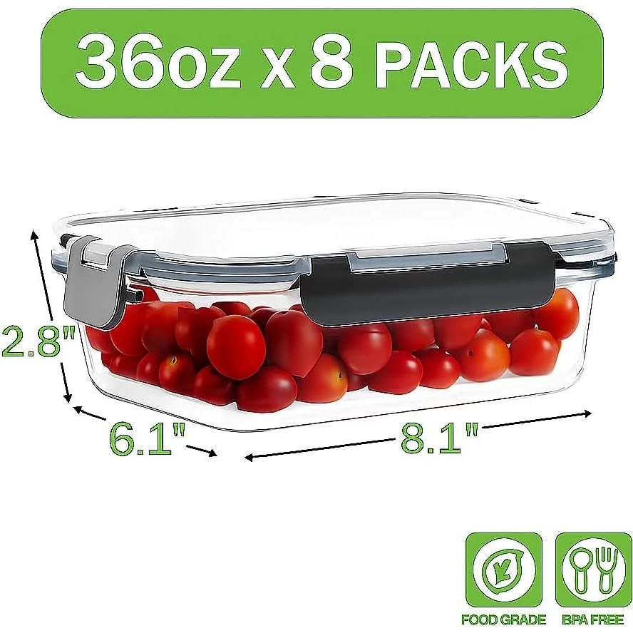 Paquete de 8 Contenedores de Vidrio HOMBERKING 1080ml Apto Microondas