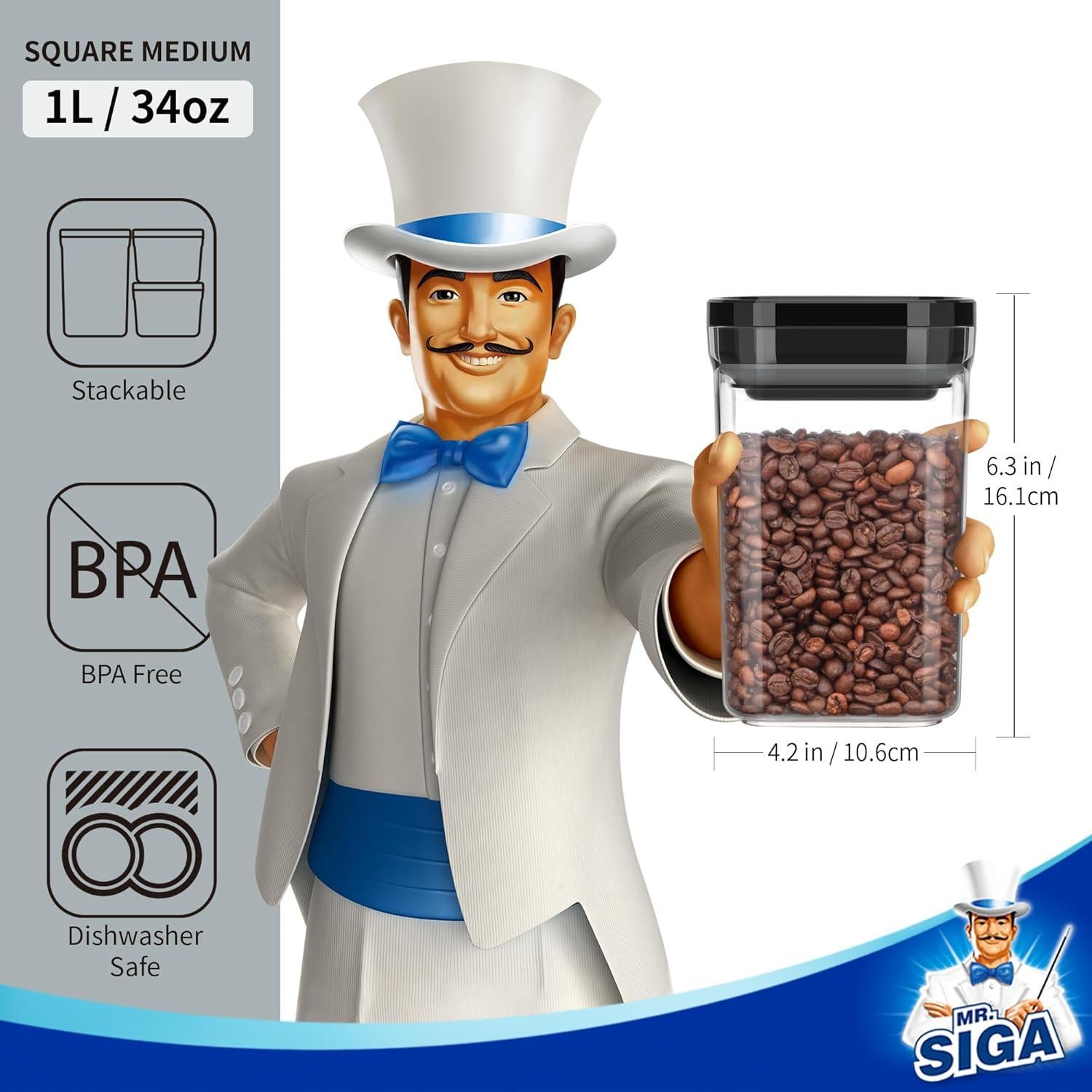 Juego de 4 Contenedores Herméticos MR.SIGA 1L Negro