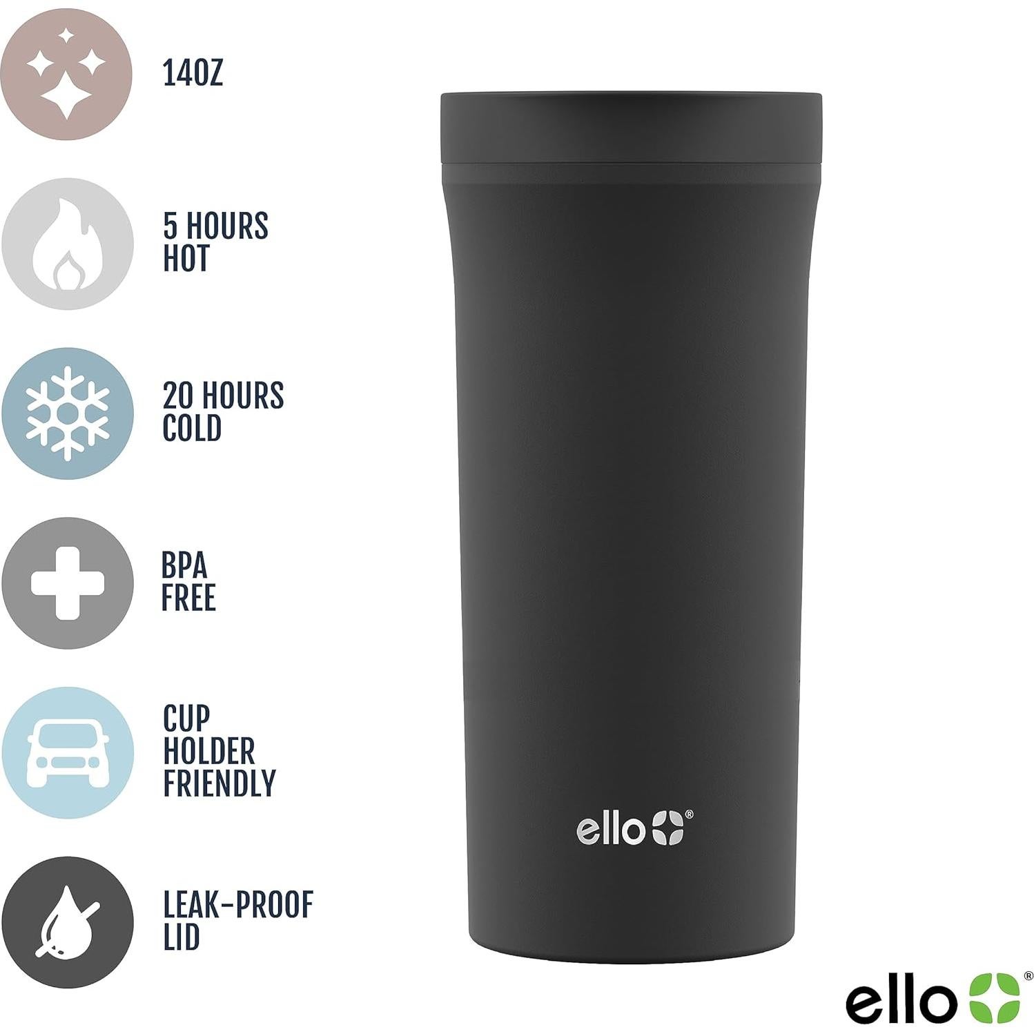 Taza de Viaje Ello Arabica 414ml Acero Inoxidable Negra