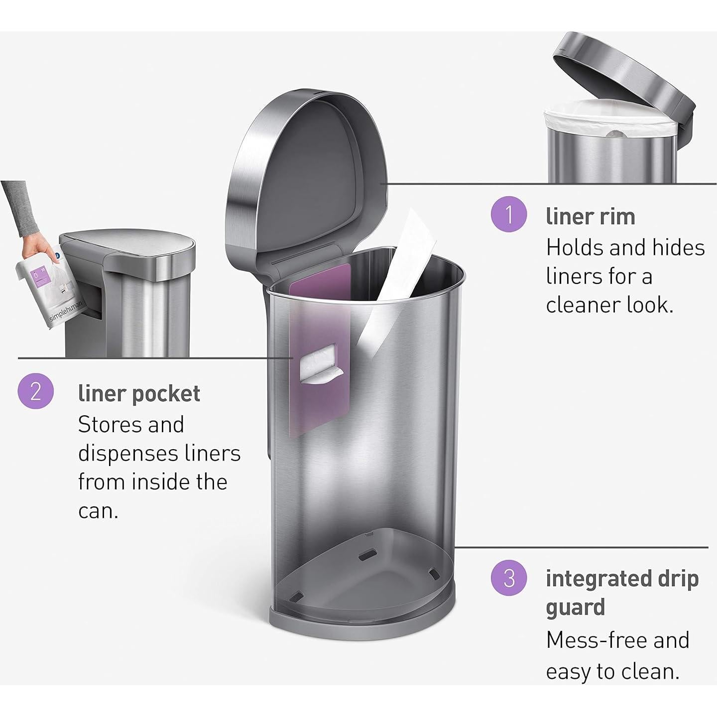 Papelera Automática Semirredonda 45L simplehuman Acero Inoxidable