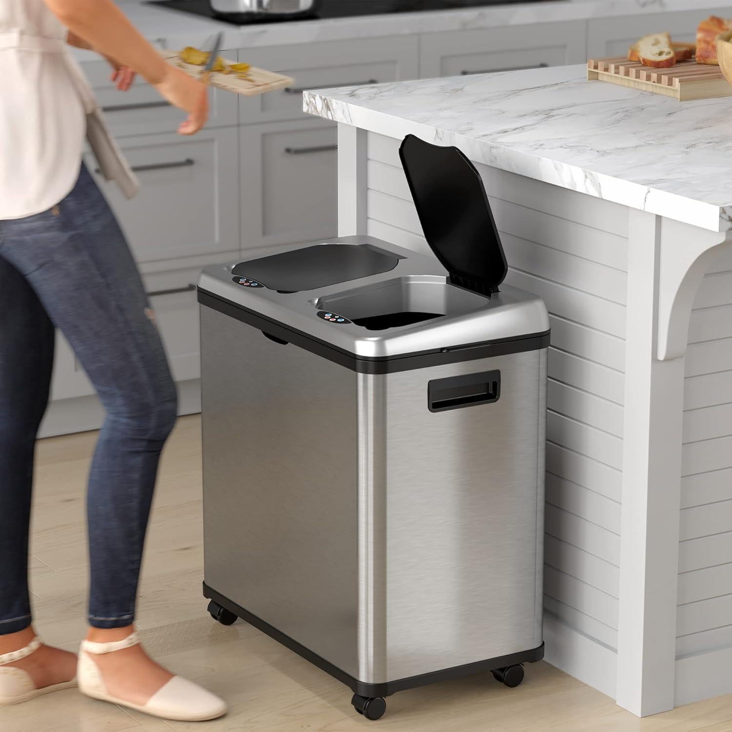 Basurero Sensor Sin Tacto iTouchless 60L Acero Inoxidable Doble Compartimento