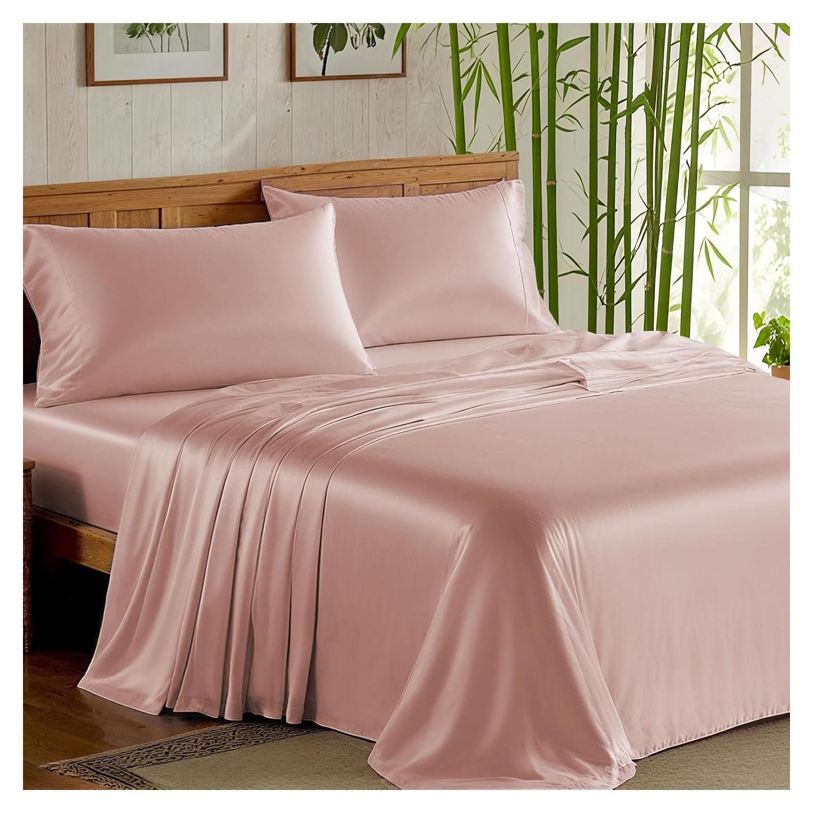 Juego de Sábanas Queen ClevaHome 100% Rayón Bambú Rosa 4 Piezas