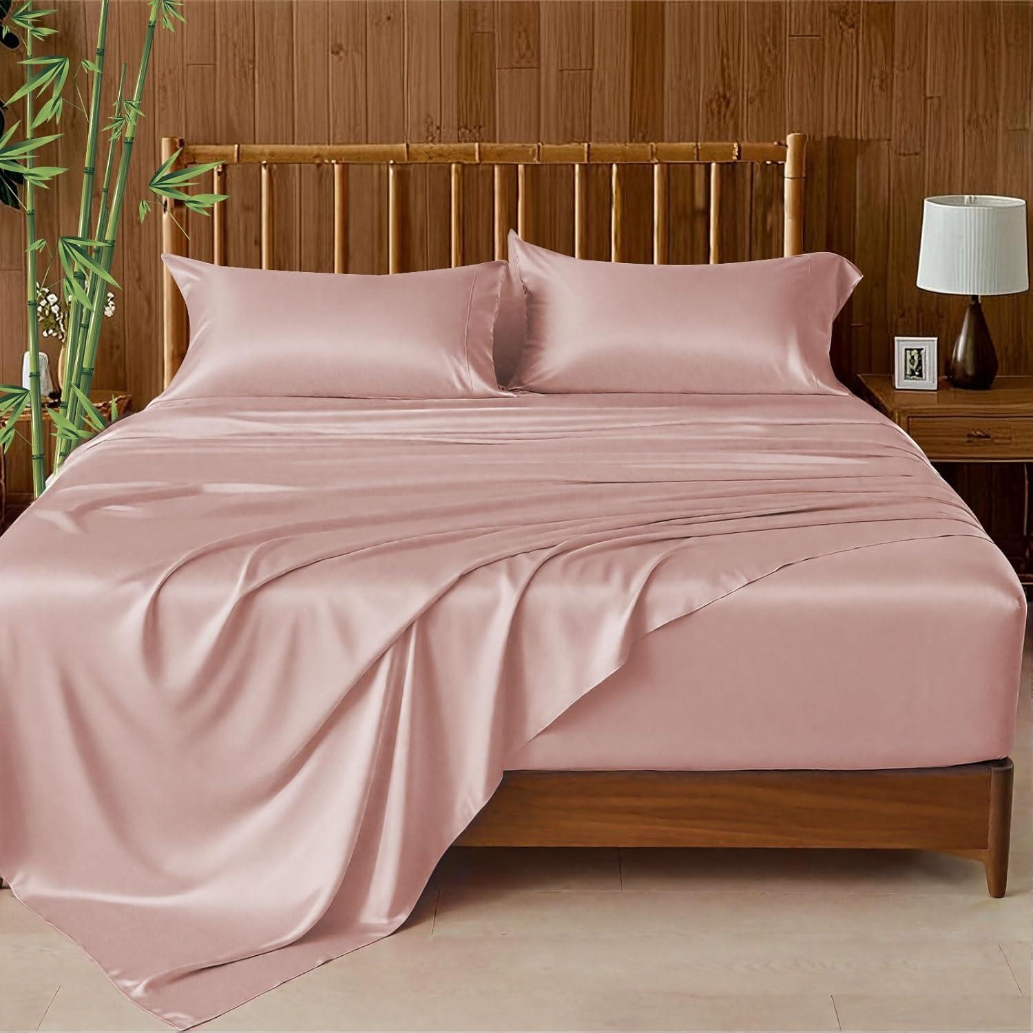 Juego de Sábanas Queen ClevaHome 100% Rayón Bambú Rosa 4 Piezas