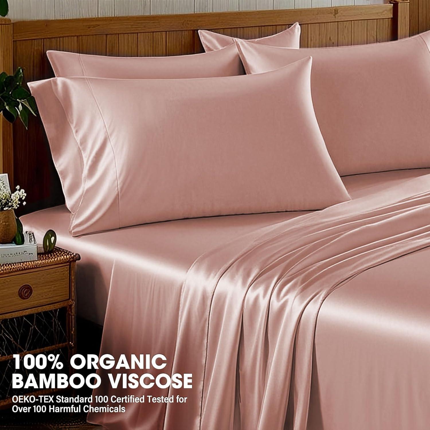 Juego de Sábanas Queen ClevaHome 100% Rayón Bambú Rosa 4 Piezas