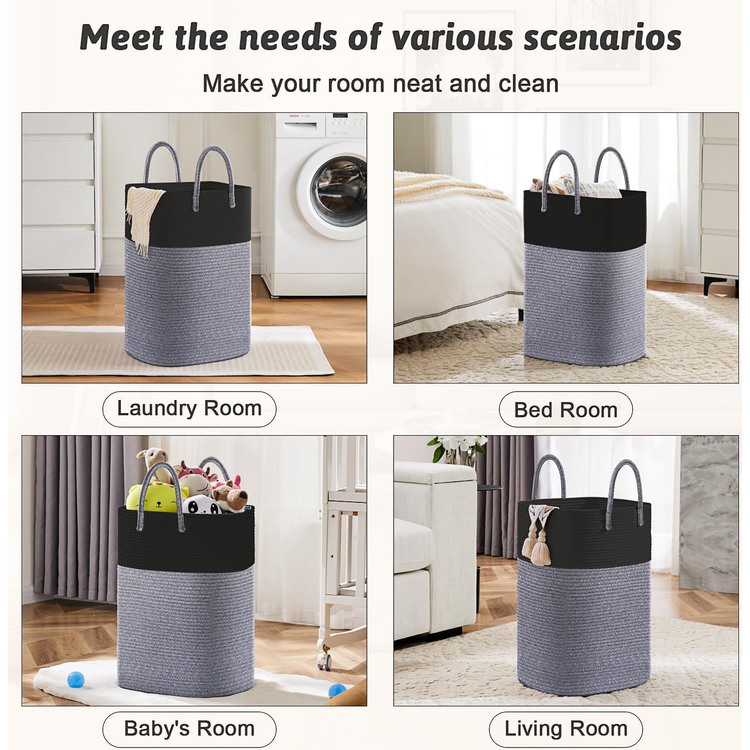 Cesta de Ropa Artfeel 40L Algodón Trenzado Negra Plegable