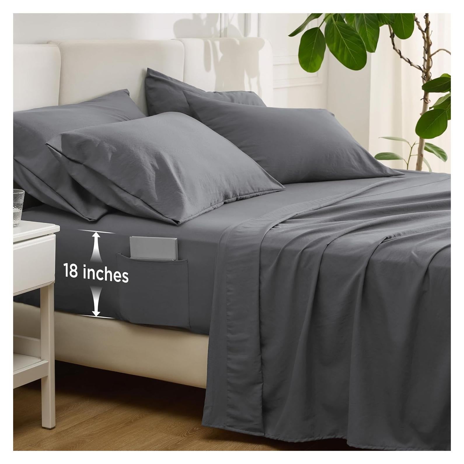 Juego de Sábanas 6 Piezas Bedsure Queen Gris Ajuste Profundo