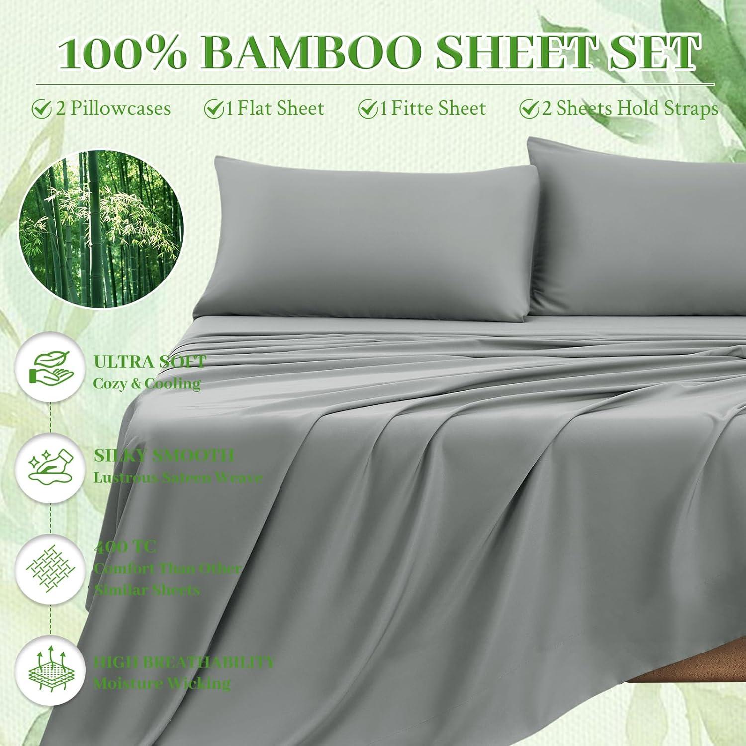 Sábanas Queen YIYEA 100% Viscosa Bambú 400TC 4 Piezas Gris Claro