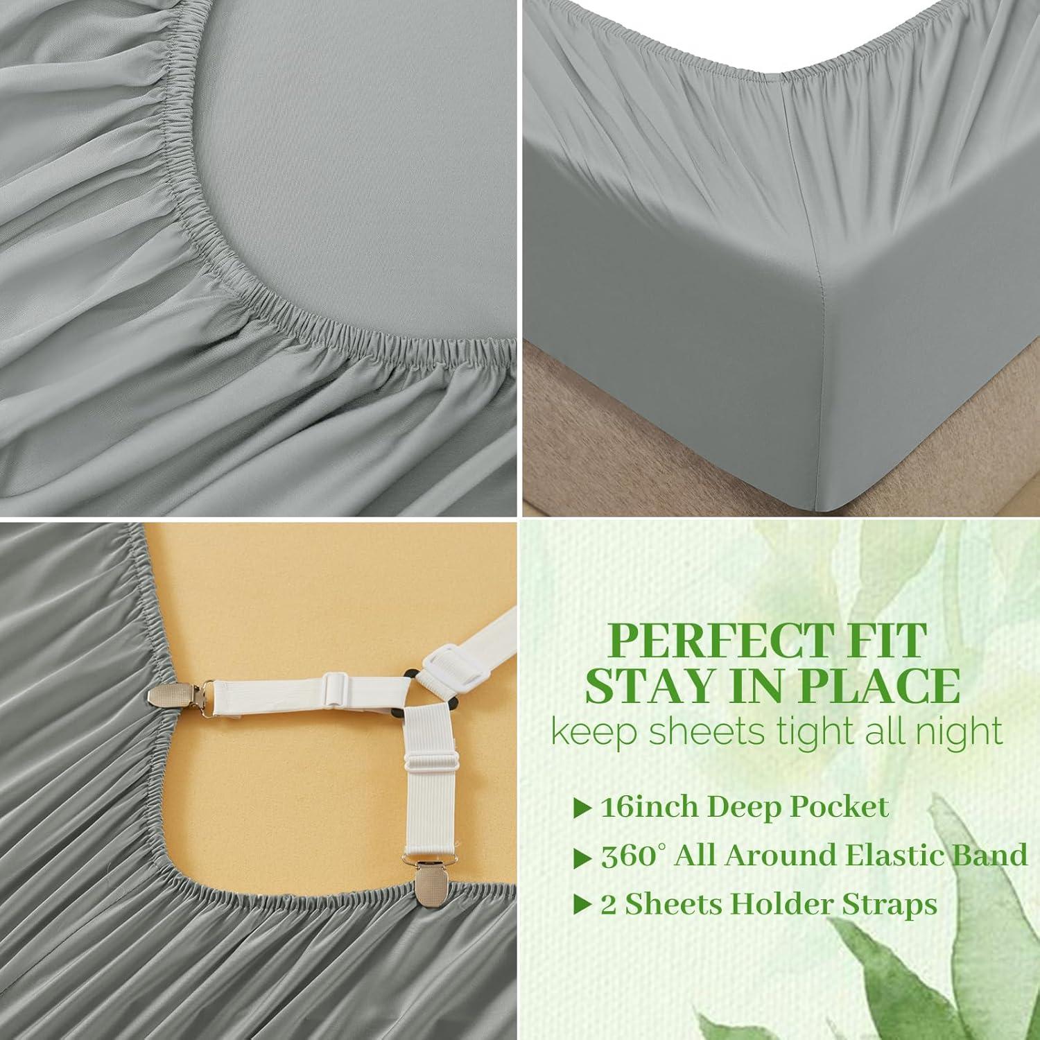 Sábanas Queen YIYEA 100% Viscosa Bambú 400TC 4 Piezas Gris Claro