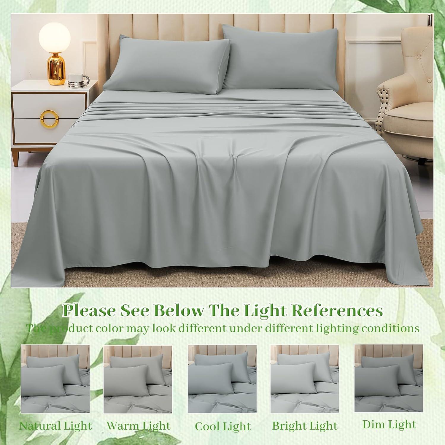 Sábanas Queen YIYEA 100% Viscosa Bambú 400TC 4 Piezas Gris Claro