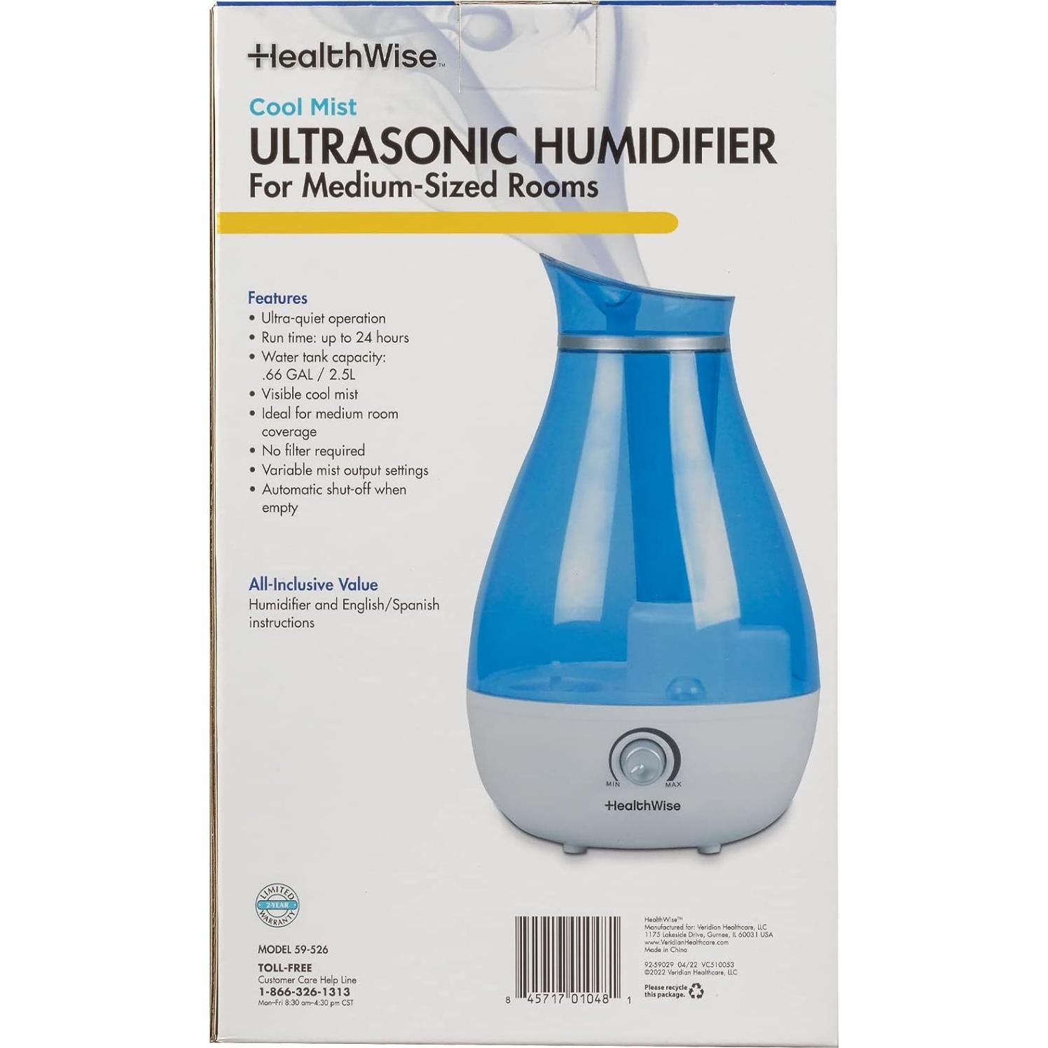 Humidificador Ultrasonico HealthWise 2.6L Niebla Fría Sin Filtro