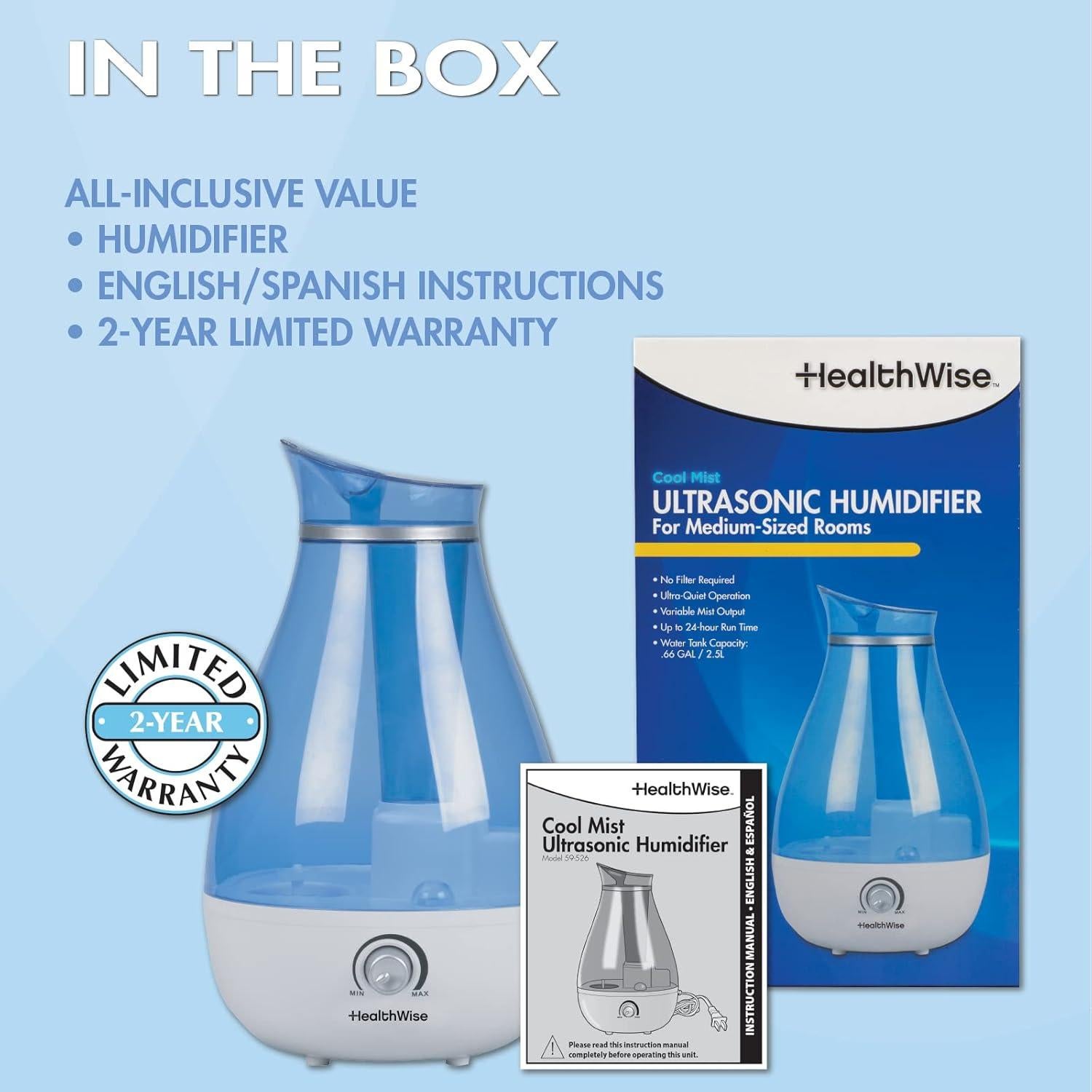 Humidificador Ultrasonico HealthWise 2.6L Niebla Fría Sin Filtro