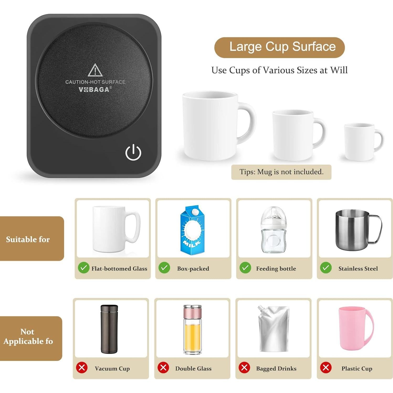 Calentador de Tazas VOBAGA Negro con Apagado Automático y 3 Temperaturas