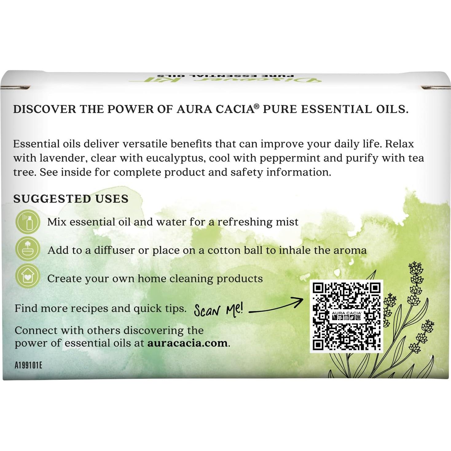 Kit de Aceites Esenciales Aura Cacia 4-Pack Lavanda Eucalipto Menta Árbol de Té